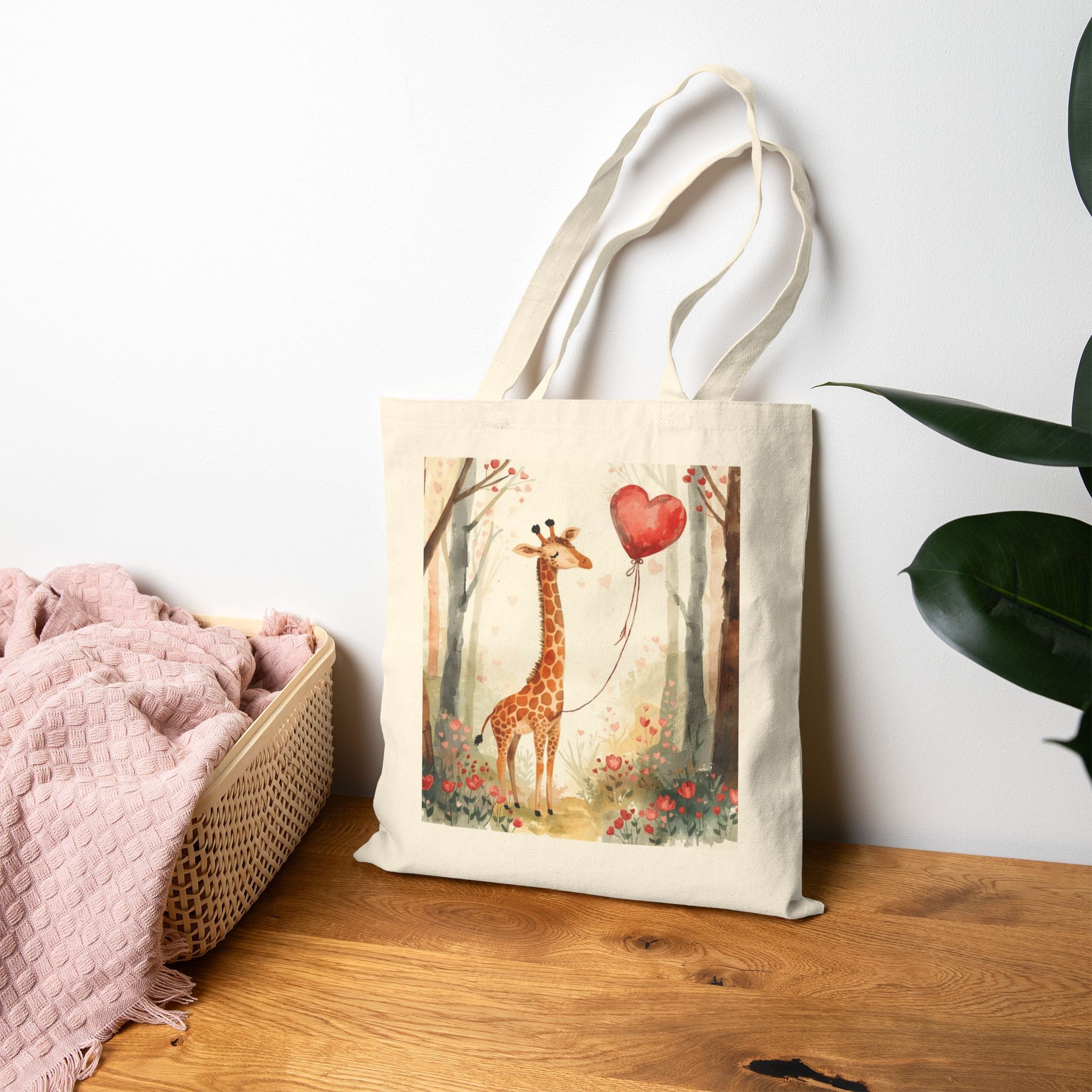Giraffe with Heart Balloon Canvas Tote