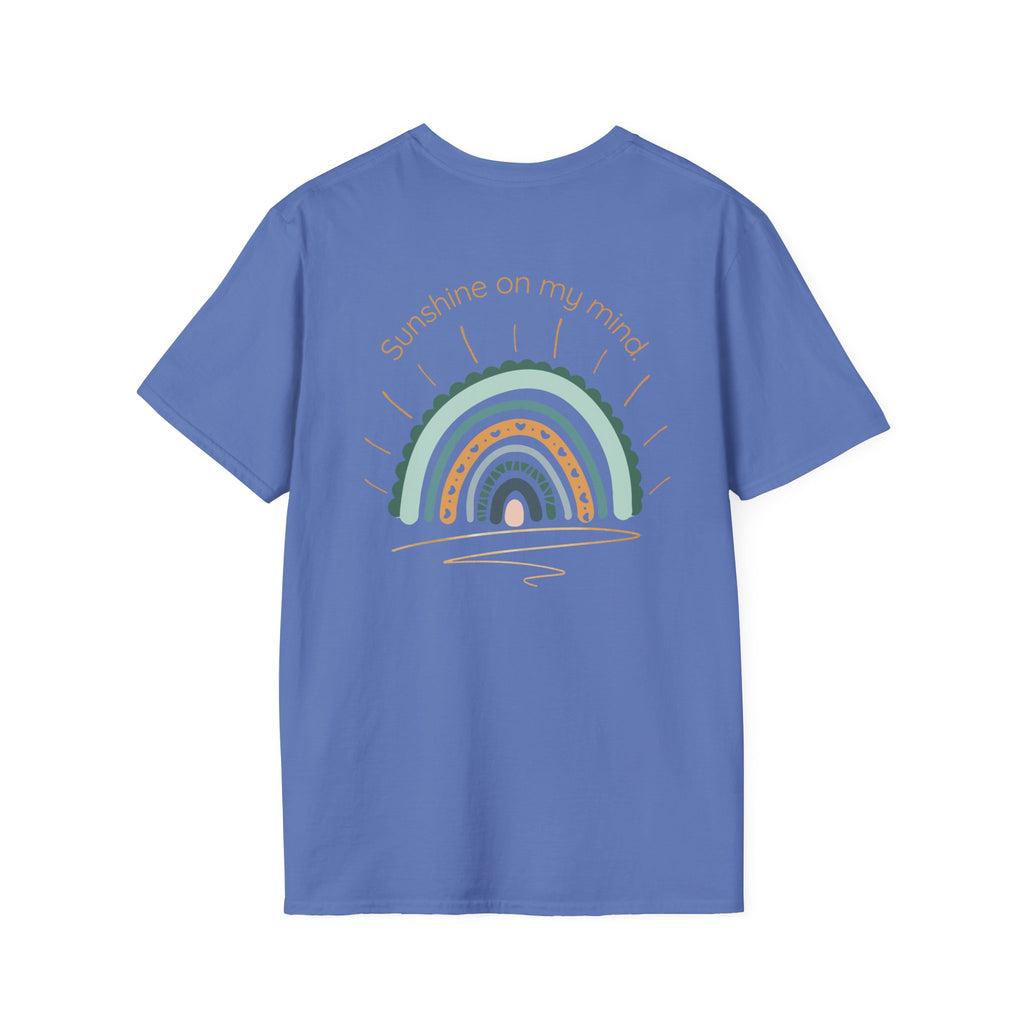 Sunshine On My Mind Rainbow T‑Shirt — Boho Pastel Pocket & Back Graphic