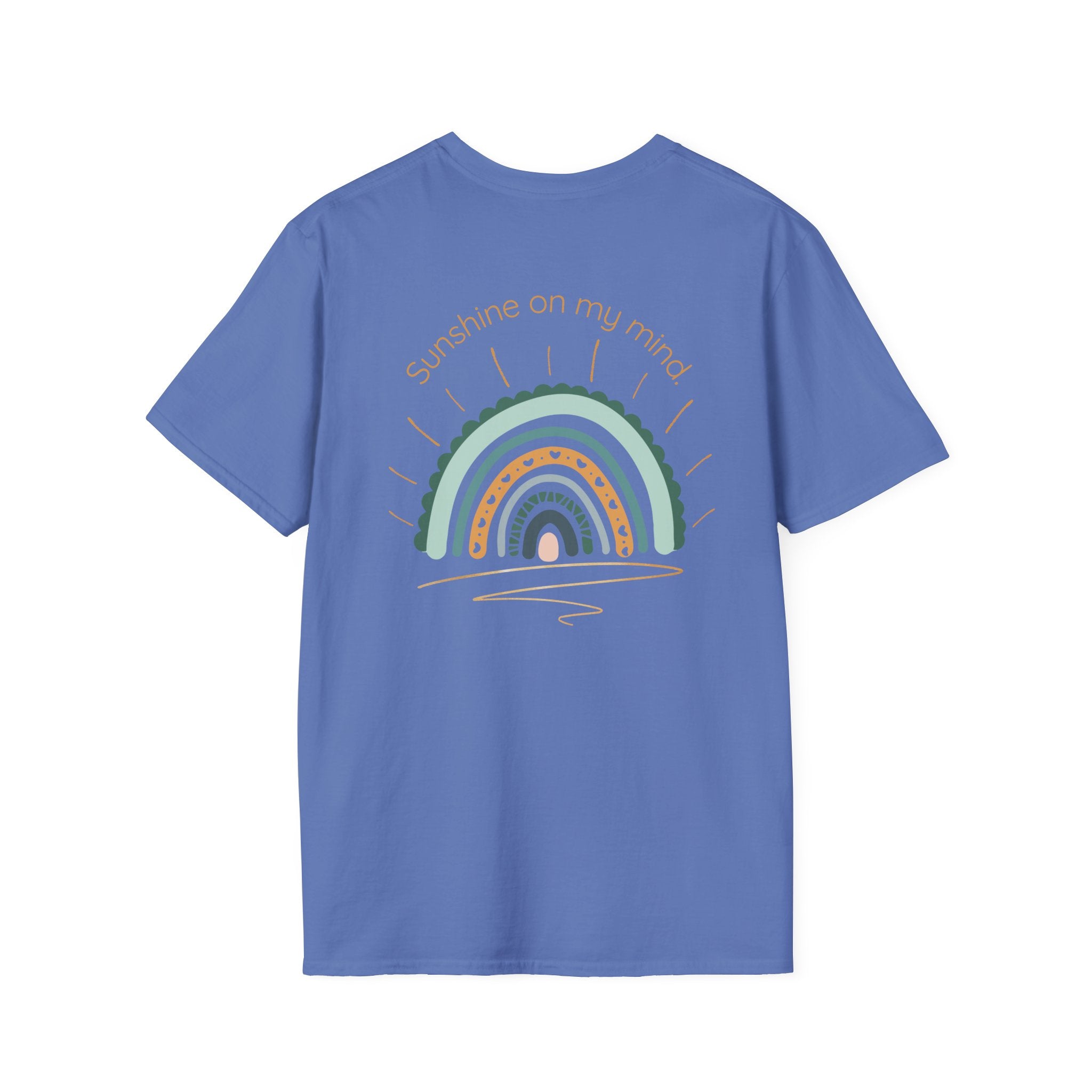 Sunshine On My Mind Rainbow T‑Shirt — Boho Pastel Pocket & Back Graphic