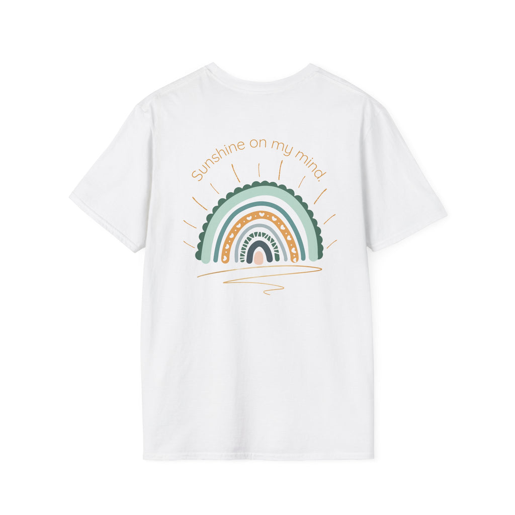 Sunshine On My Mind Rainbow T‑Shirt — Boho Pastel Pocket & Back Graphic