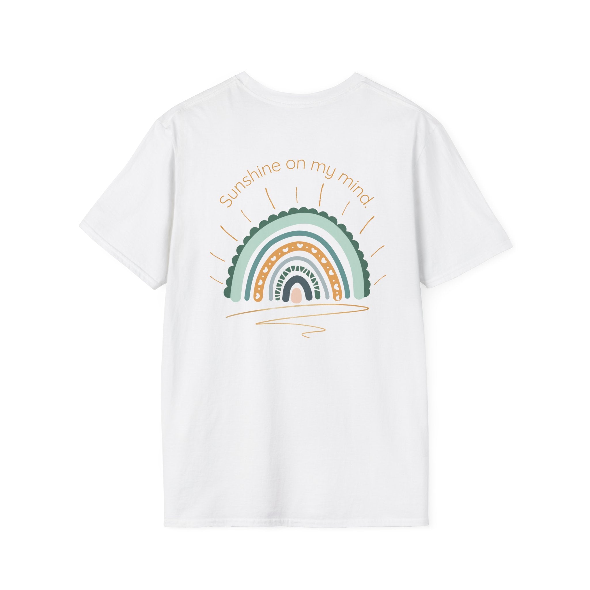 Sunshine On My Mind Rainbow T‑Shirt — Boho Pastel Pocket & Back Graphic