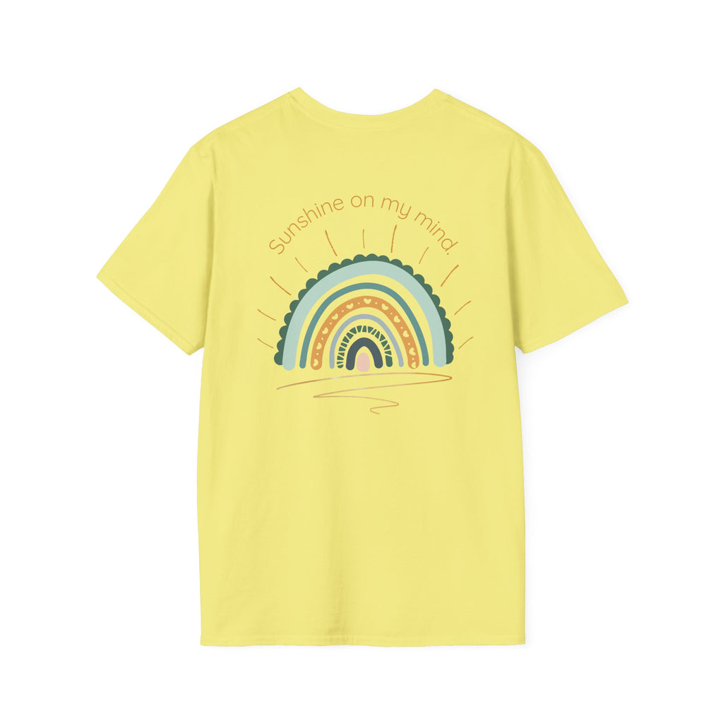 Sunshine On My Mind Rainbow T‑Shirt — Boho Pastel Pocket & Back Graphic