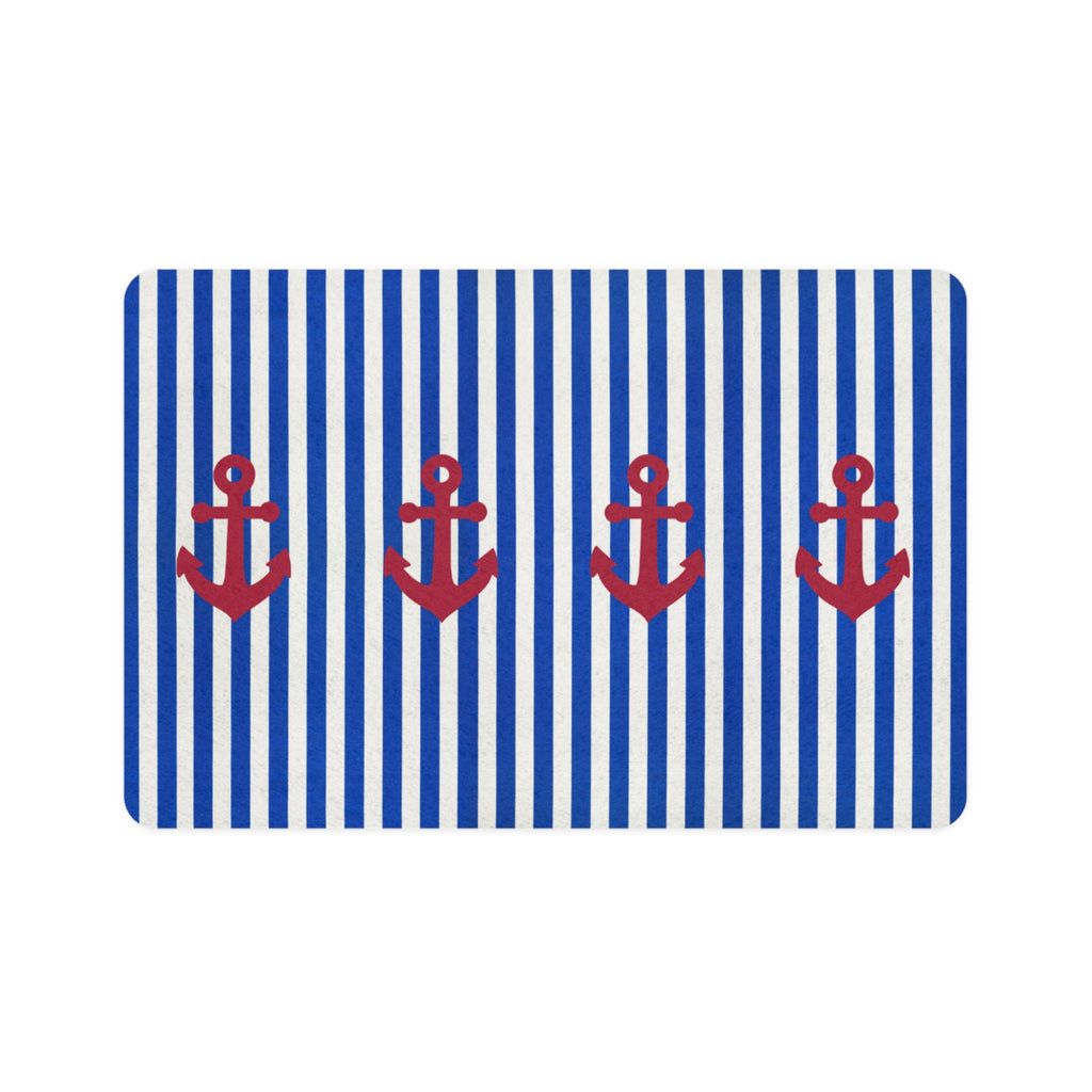 Nautical Stripes Pet Food Mat — Blue & White with Red Anchors (12x18)