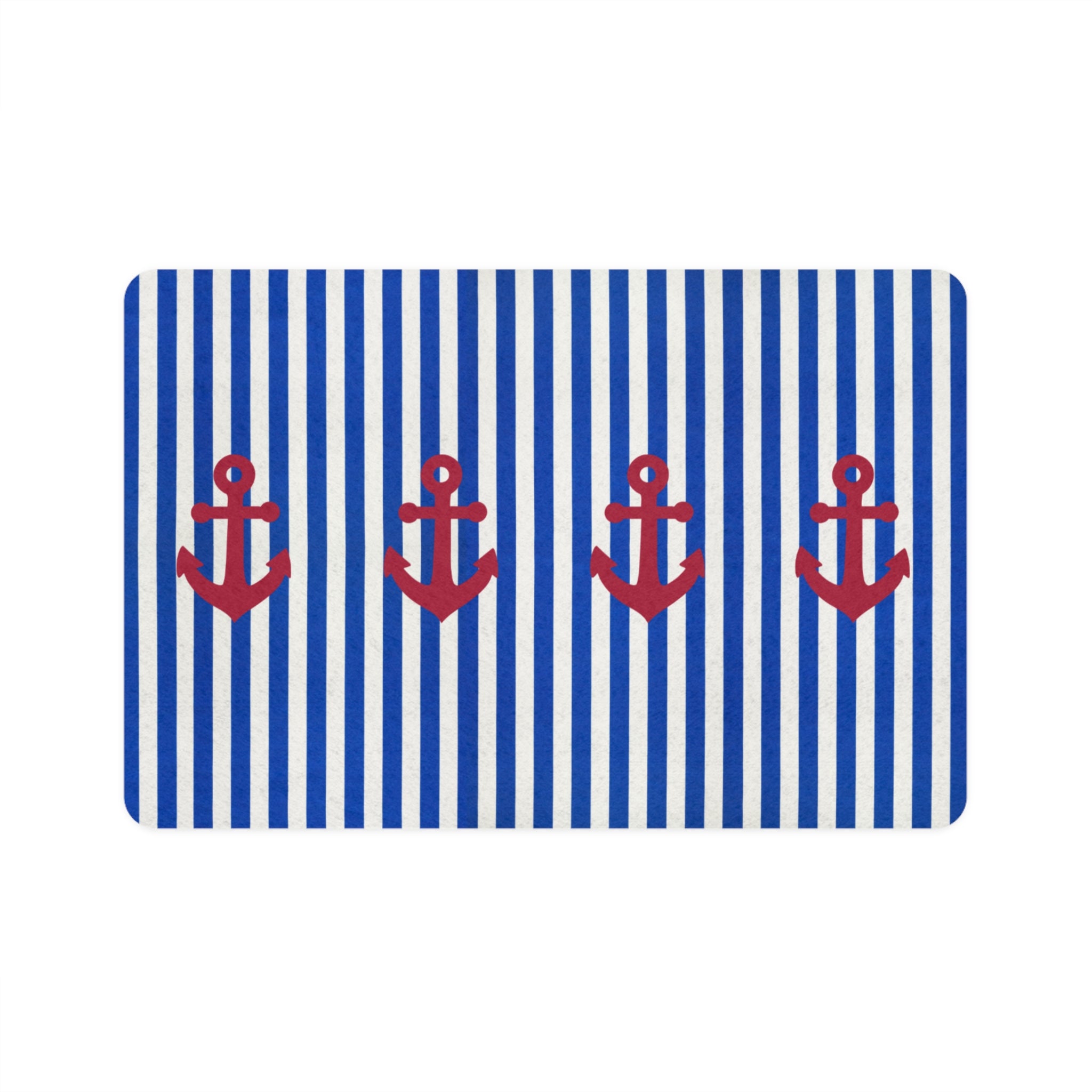 Nautical Stripes Pet Food Mat — Blue & White with Red Anchors (12x18)