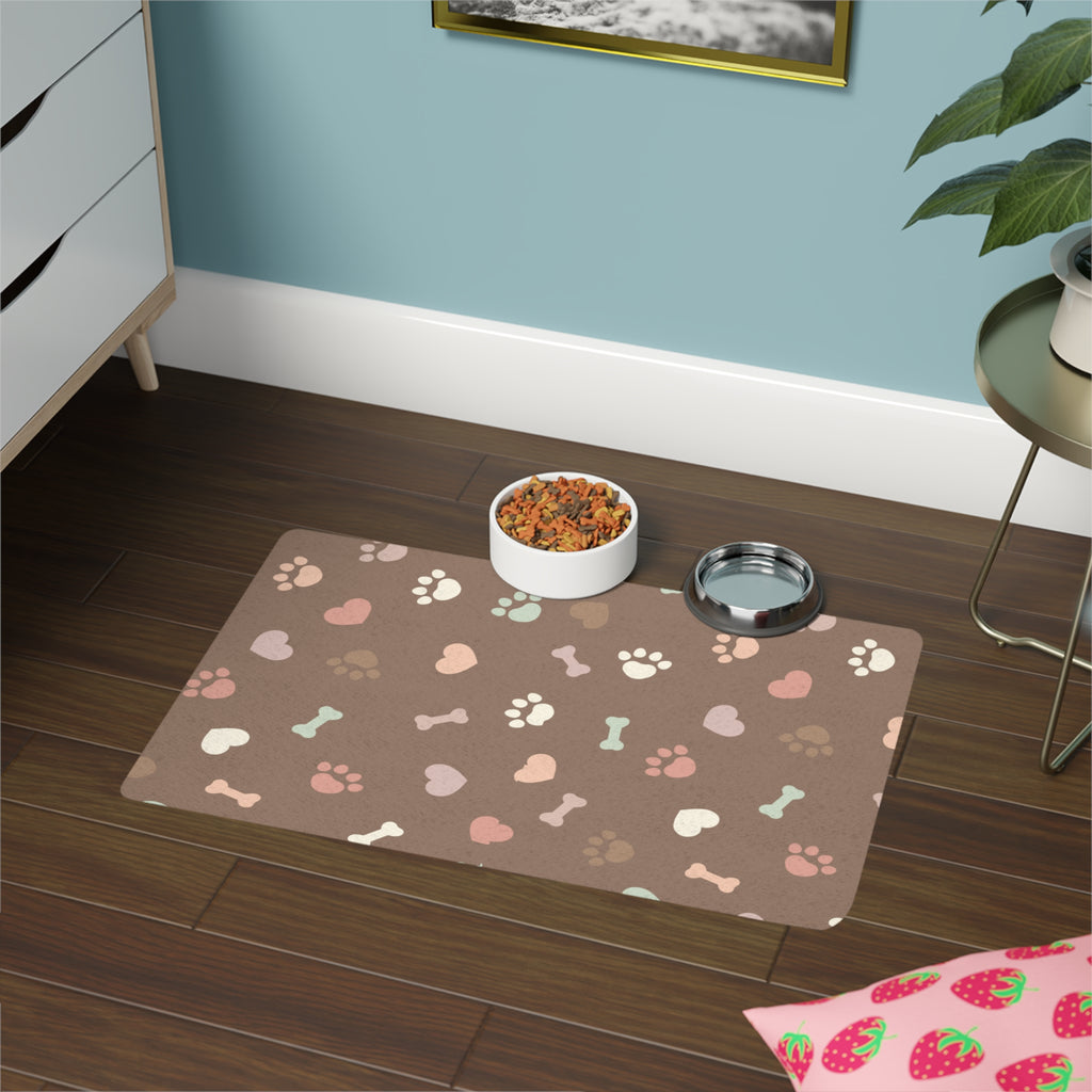 Brown Bone and Paw Print Non-Slip Pet Food Mat — 12x18