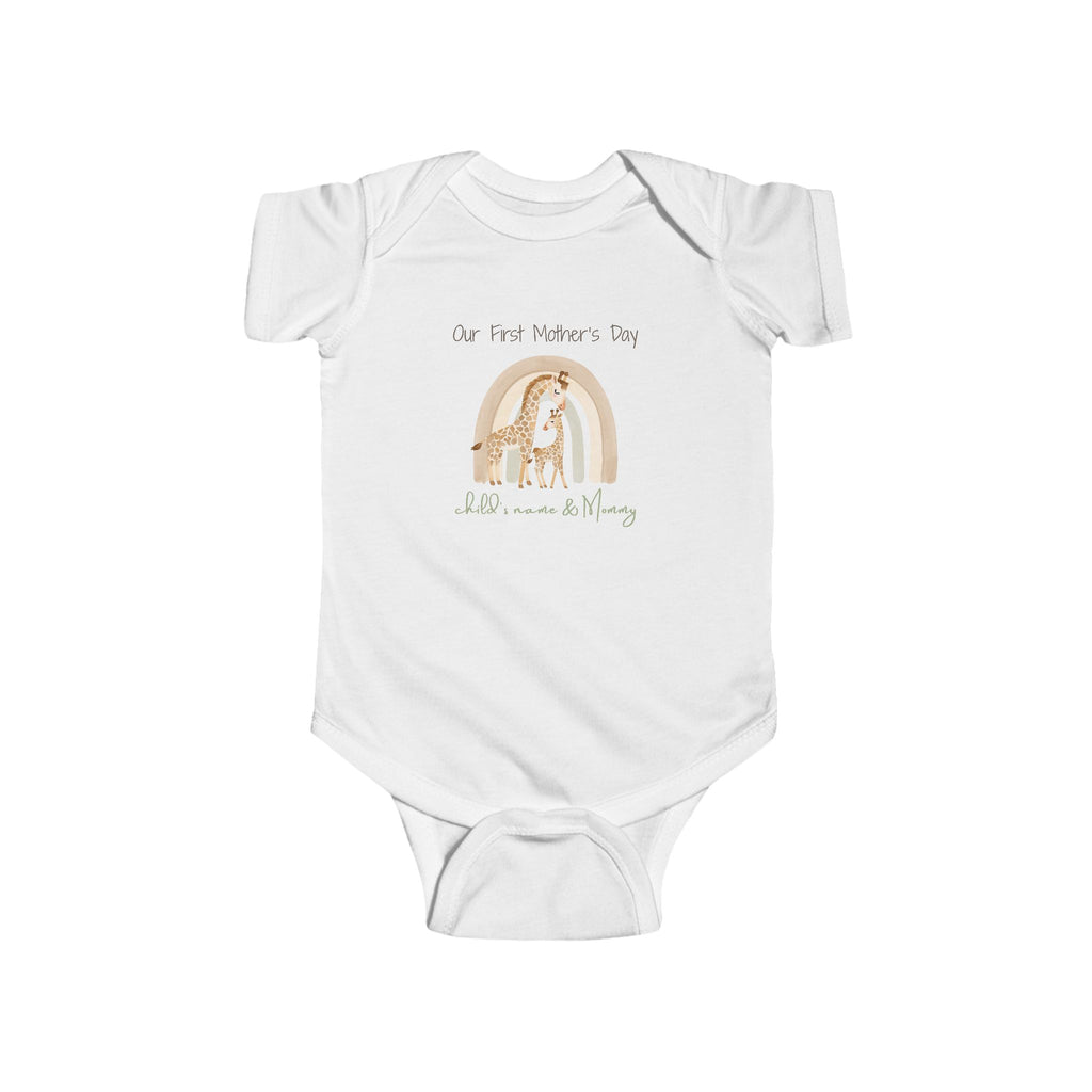 Personalized Baby Bodysuit “Our First Mother’s Day” for your new little one.  Pair with our shirt for mom for the perfect mommy & me set