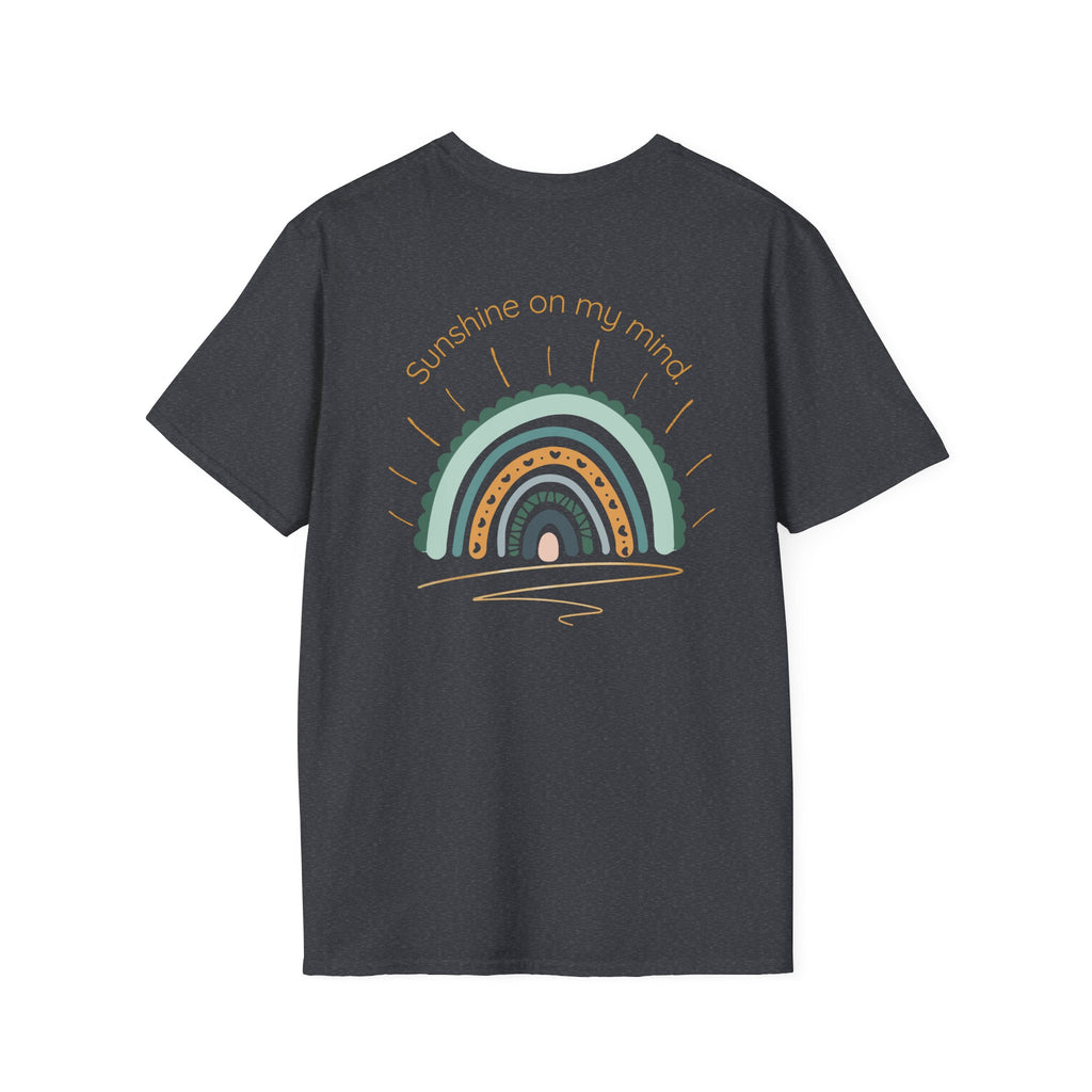 Sunshine On My Mind Rainbow T‑Shirt — Boho Pastel Pocket & Back Graphic