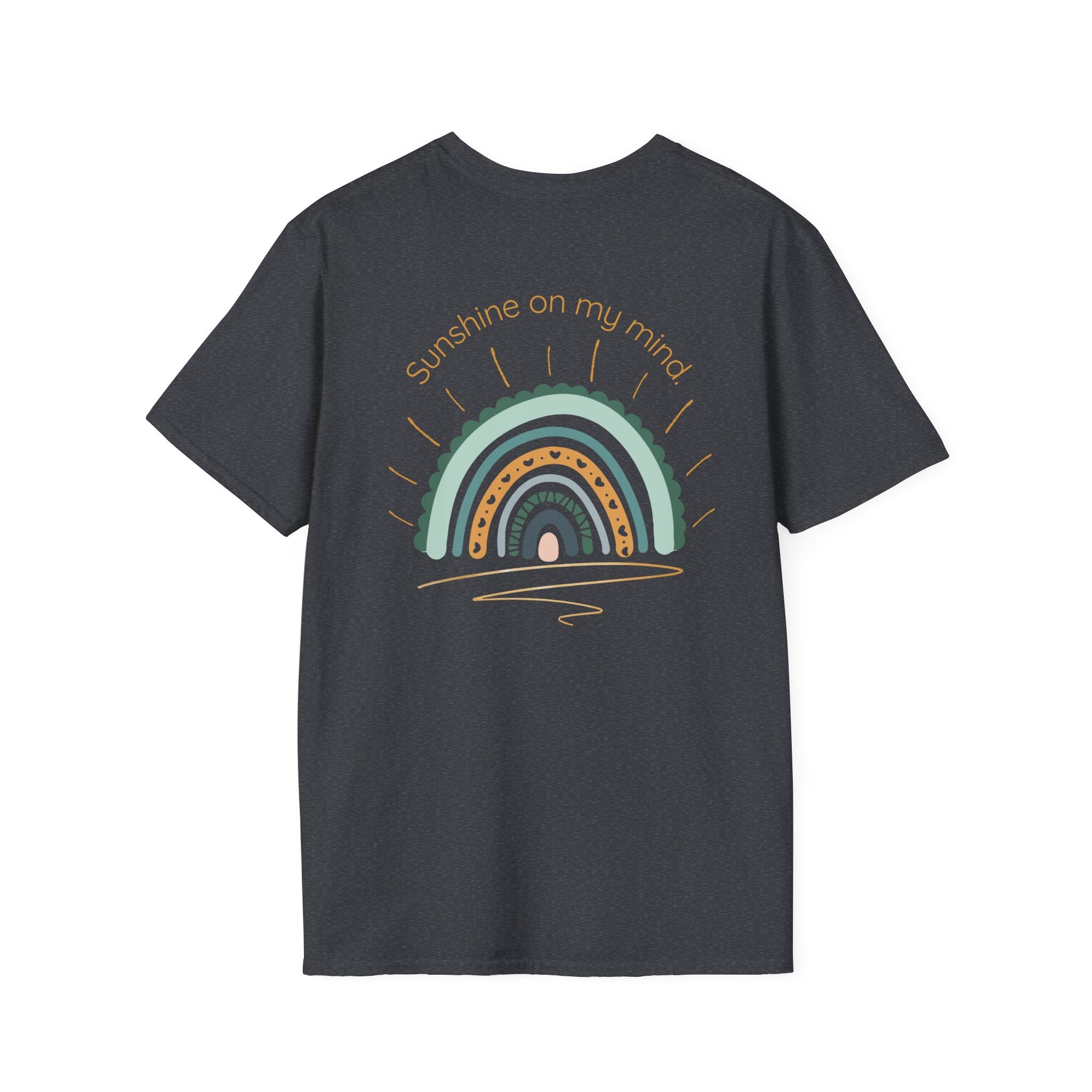 Sunshine On My Mind Rainbow T‑Shirt — Boho Pastel Pocket & Back Graphic