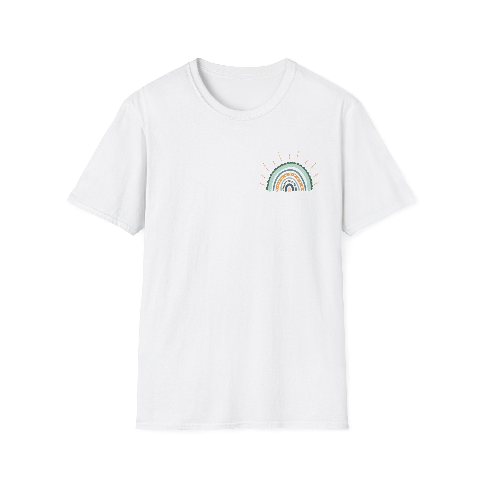 Sunshine On My Mind Rainbow T‑Shirt — Boho Pastel Pocket & Back Graphic