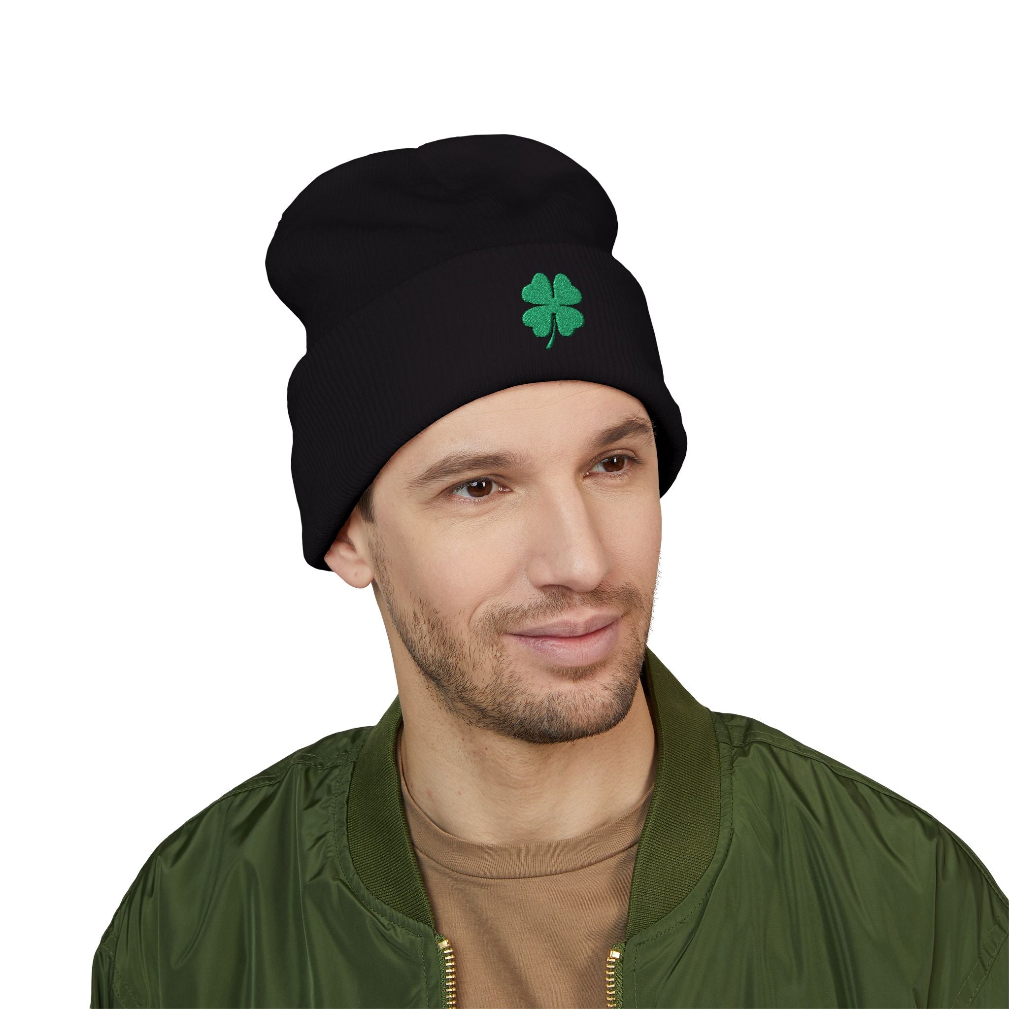 Embroidered Shamrock Cuffed Knit Hat