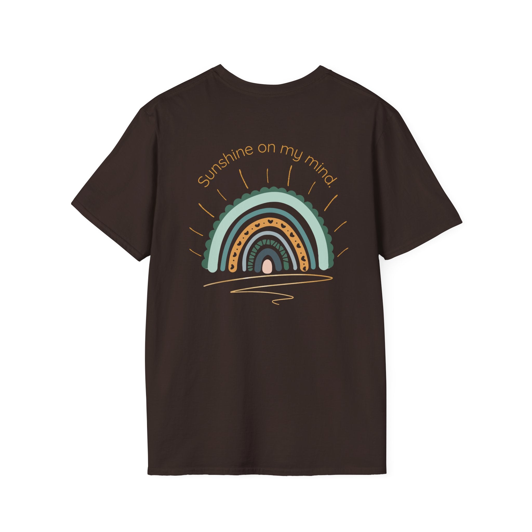Sunshine On My Mind Rainbow T‑Shirt — Boho Pastel Pocket & Back Graphic