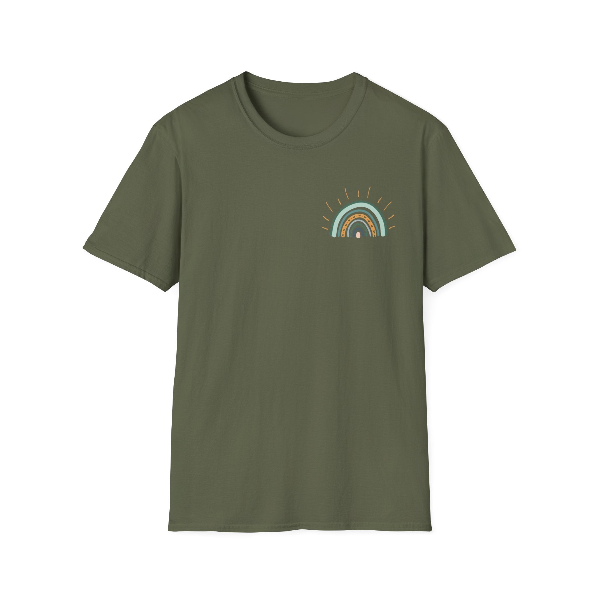 Sunshine On My Mind Rainbow T‑Shirt — Boho Pastel Pocket & Back Graphic