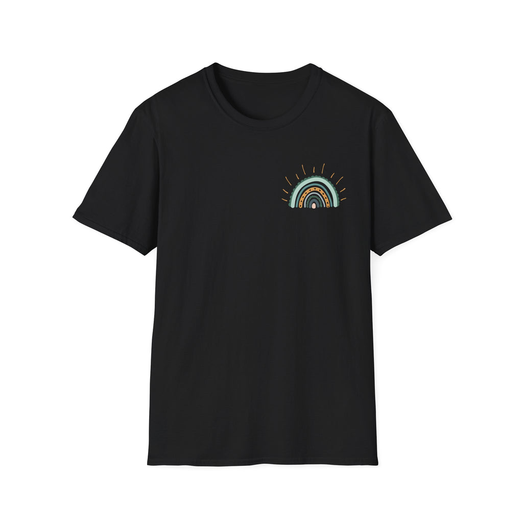 Sunshine On My Mind Rainbow T‑Shirt — Boho Pastel Pocket & Back Graphic