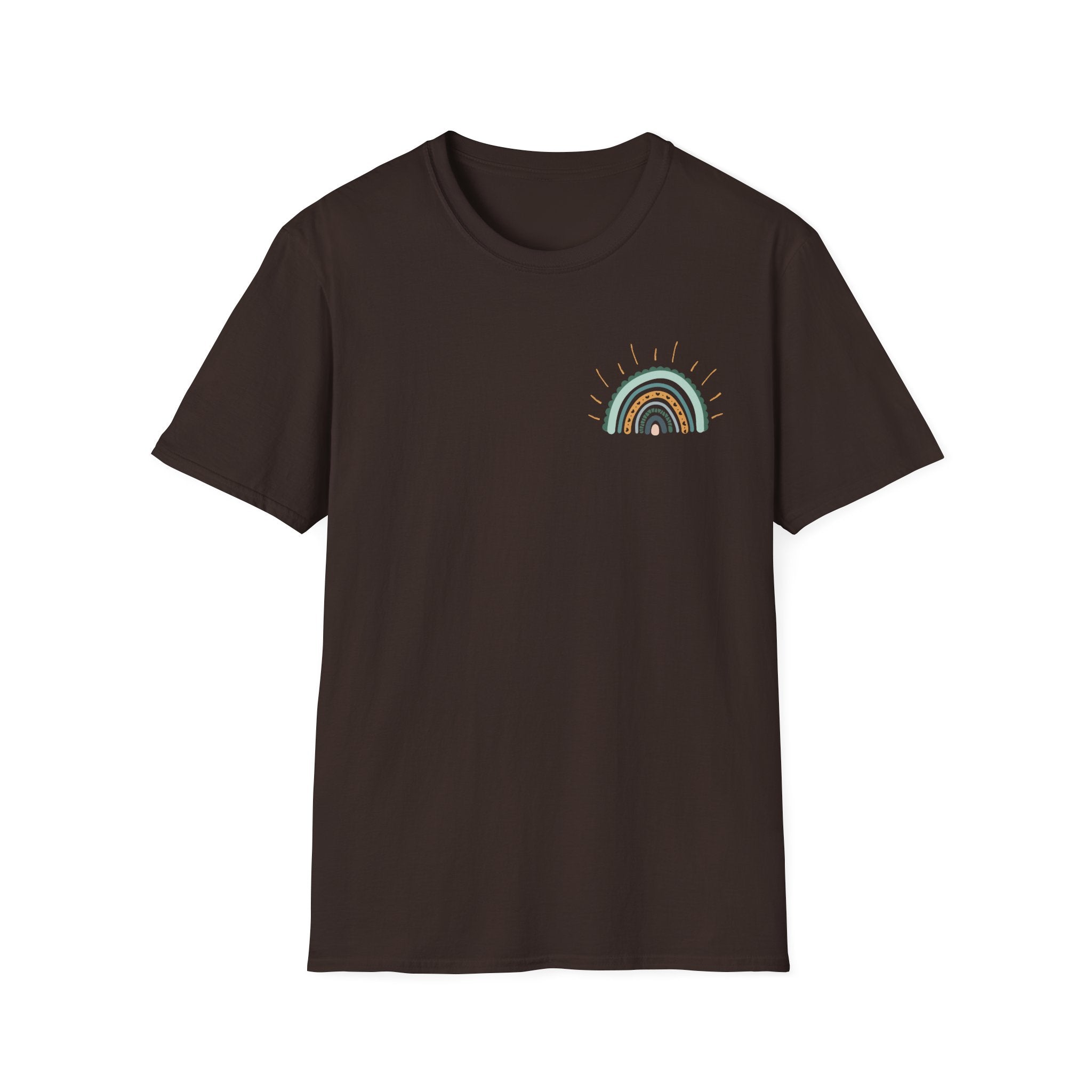 Sunshine On My Mind Rainbow T‑Shirt — Boho Pastel Pocket & Back Graphic