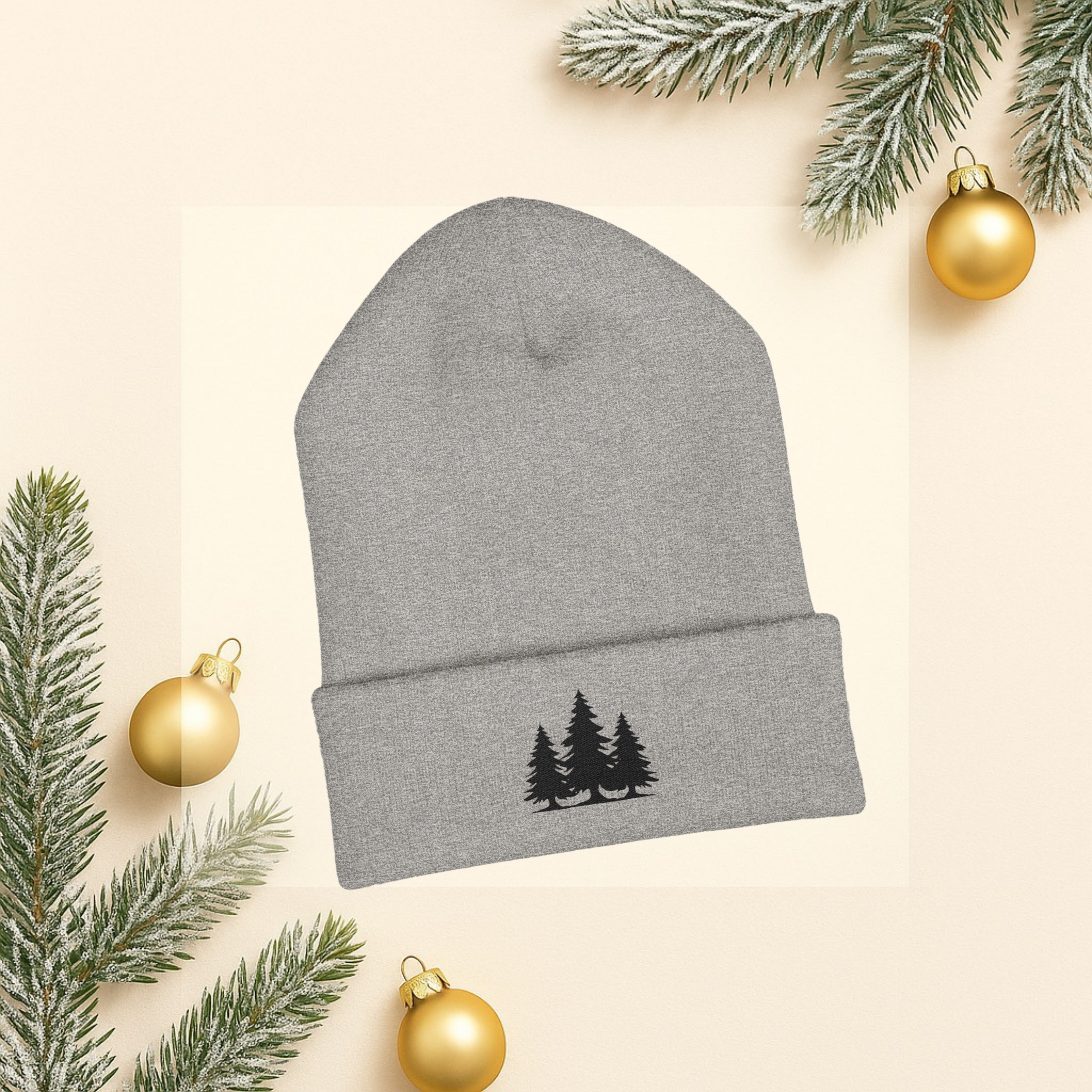 Embroidered Classic Cuffed Beanie with Black Trees