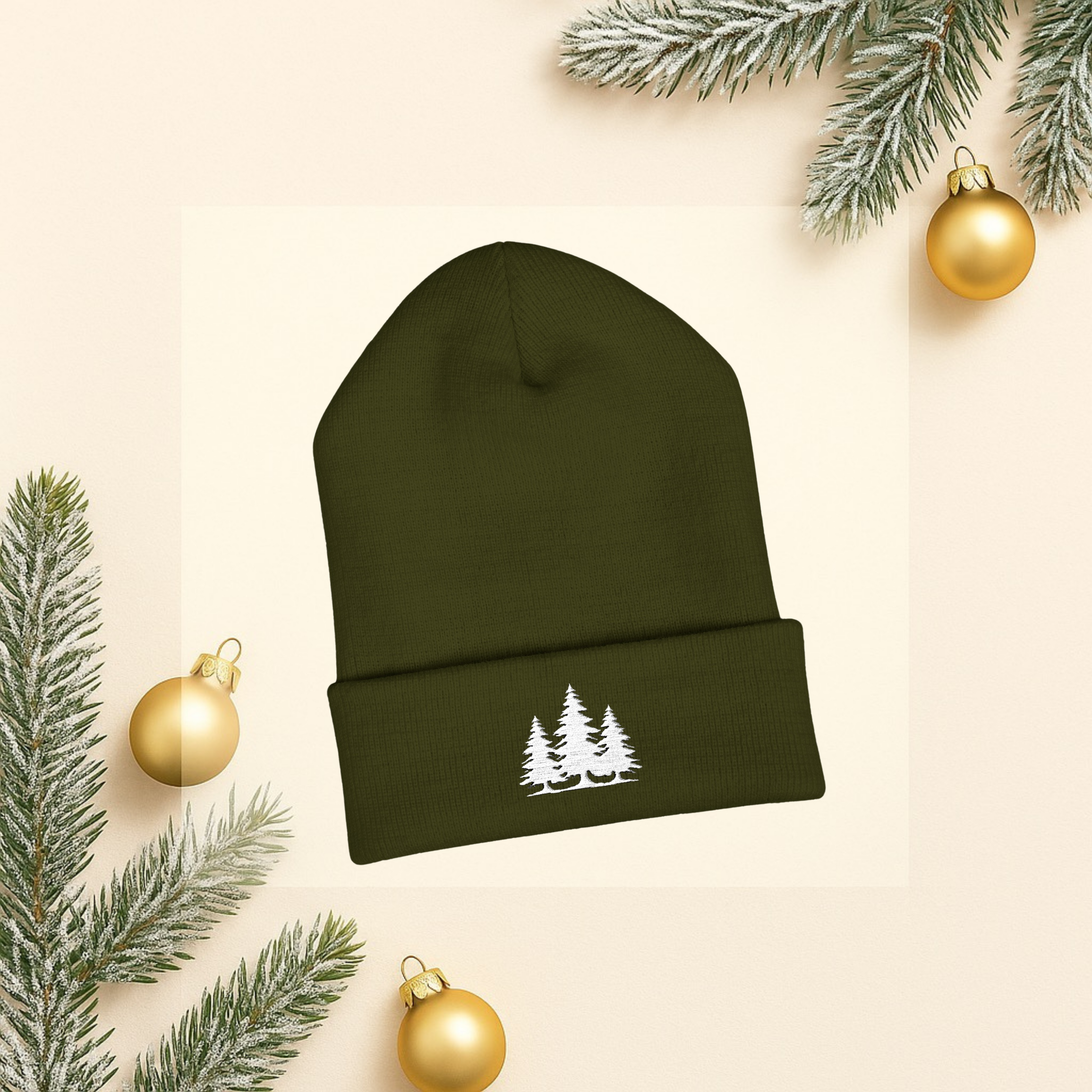 Embroidered Classic Cuffed Beanie with White Trees