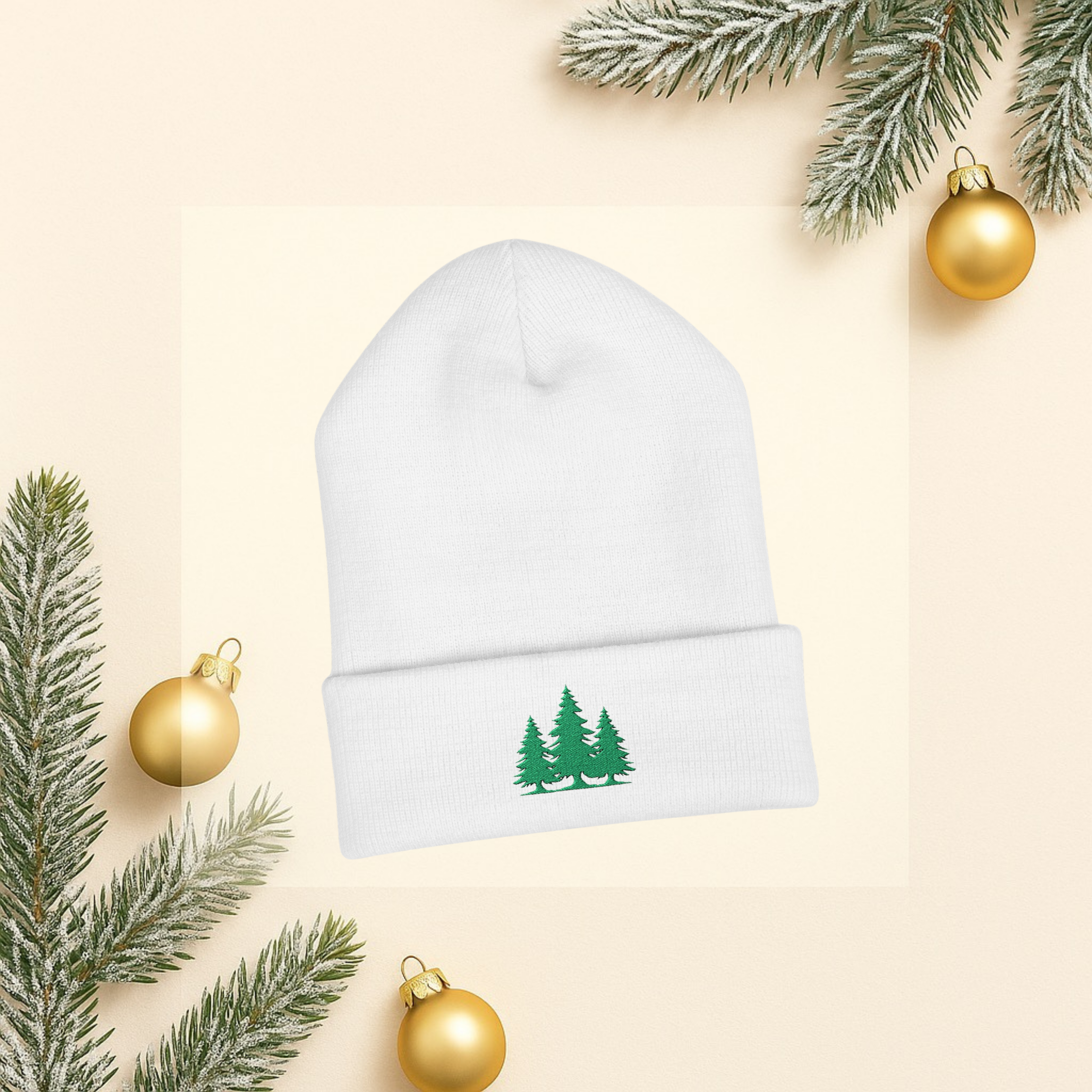 Embroidered Classic Cuffed Beanie with Green Trees