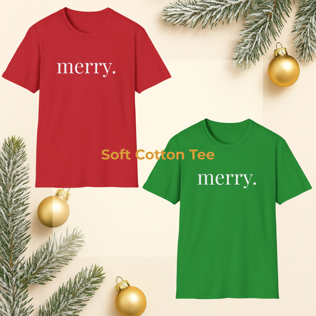 Merry. Soft Cotton T-shirt in Holiday Greens and Reds