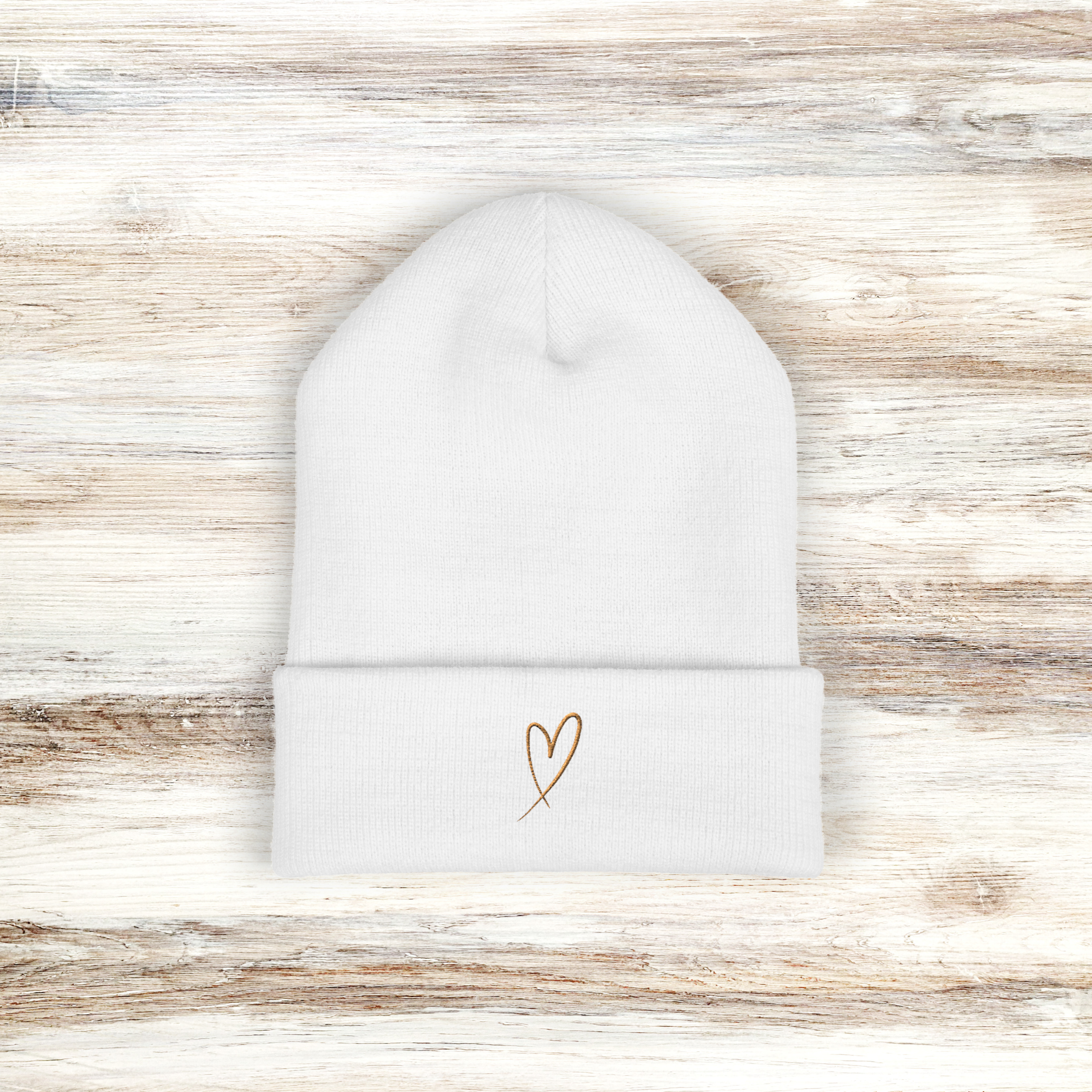 Knit Hat with Brown Embroidered Heart
