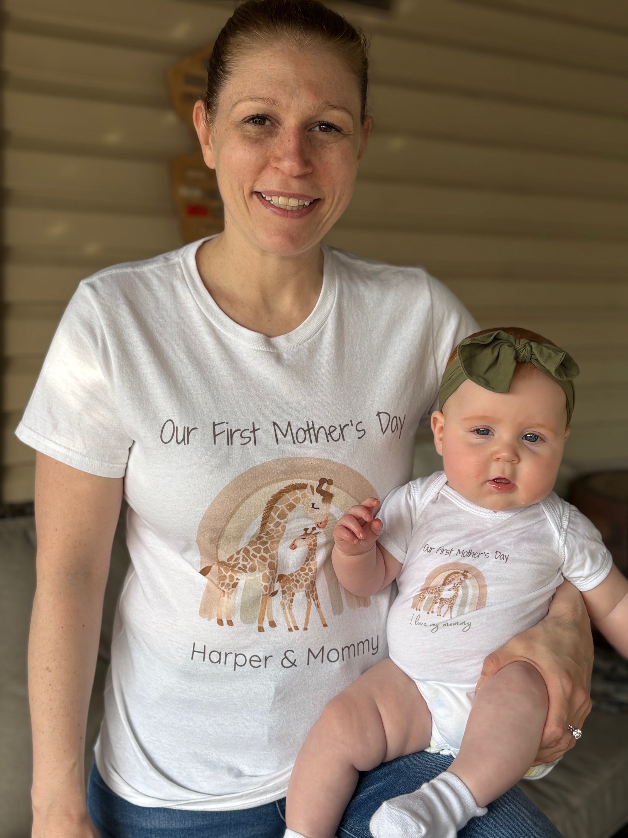 Personalized Baby Bodysuit “Our First Mother’s Day” for your new little one.  Pair with our shirt for mom for the perfect mommy & me set