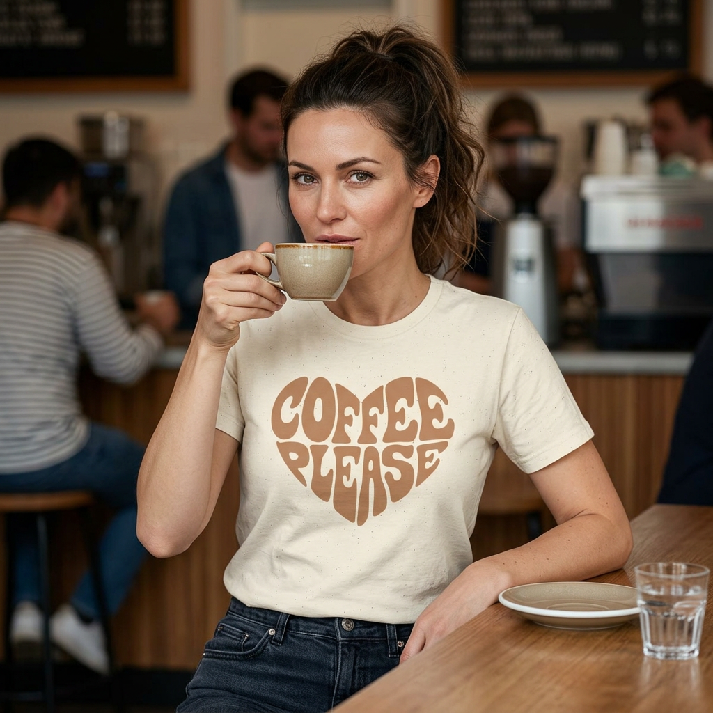 Coffee Please Heart T-Shirt | Retro Brown Typography Tee for Coffee Lovers
