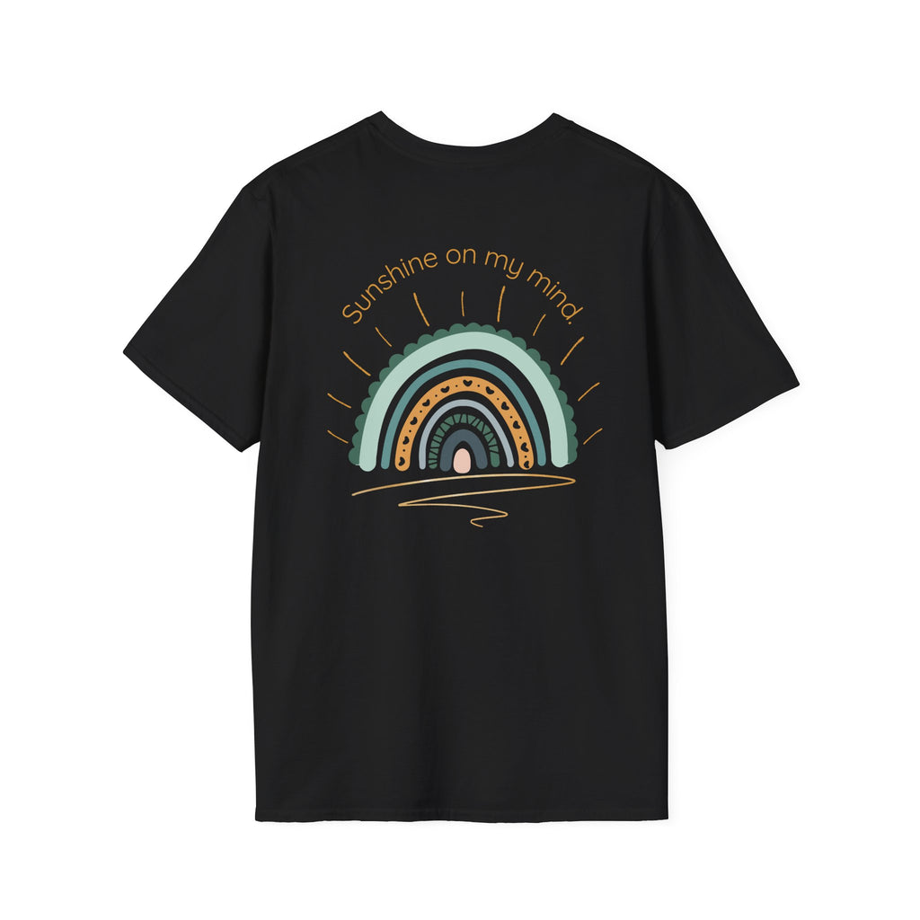 Sunshine On My Mind Rainbow T‑Shirt — Boho Pastel Pocket & Back Graphic