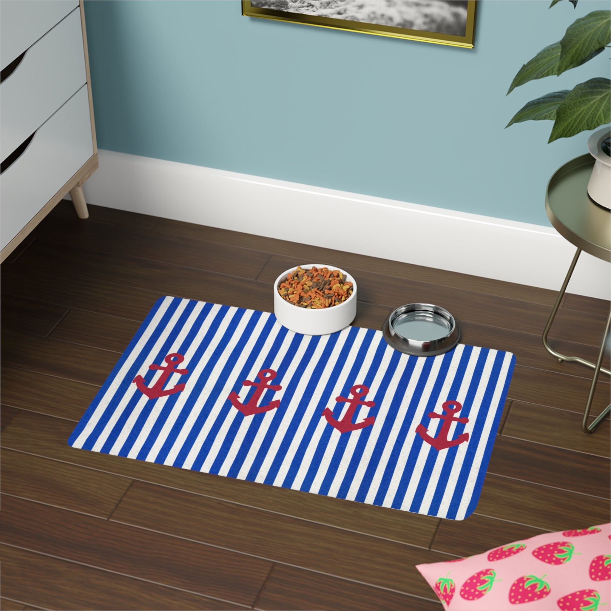 Nautical Stripes Pet Food Mat — Blue & White with Red Anchors (12x18)