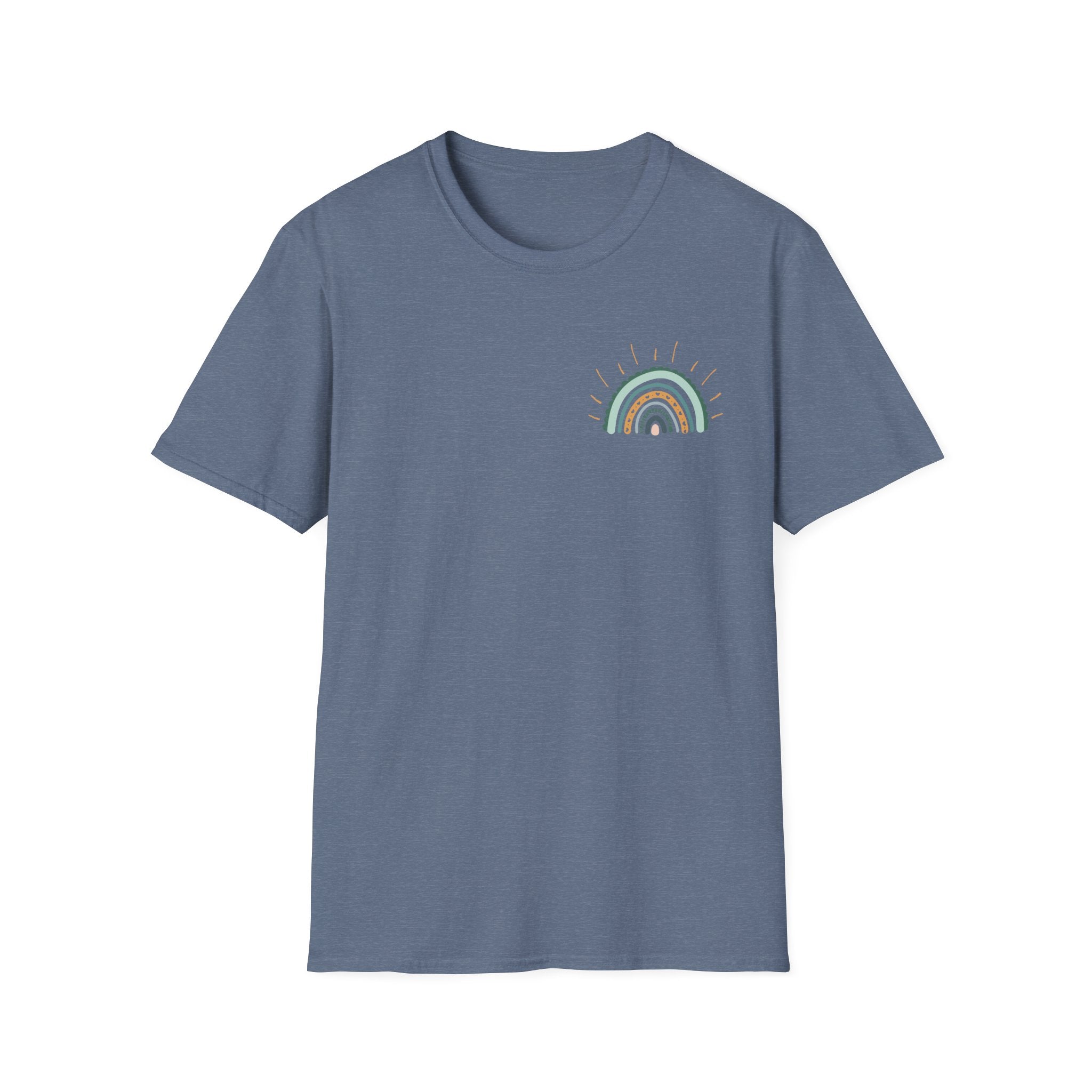 Sunshine On My Mind Rainbow T‑Shirt — Boho Pastel Pocket & Back Graphic