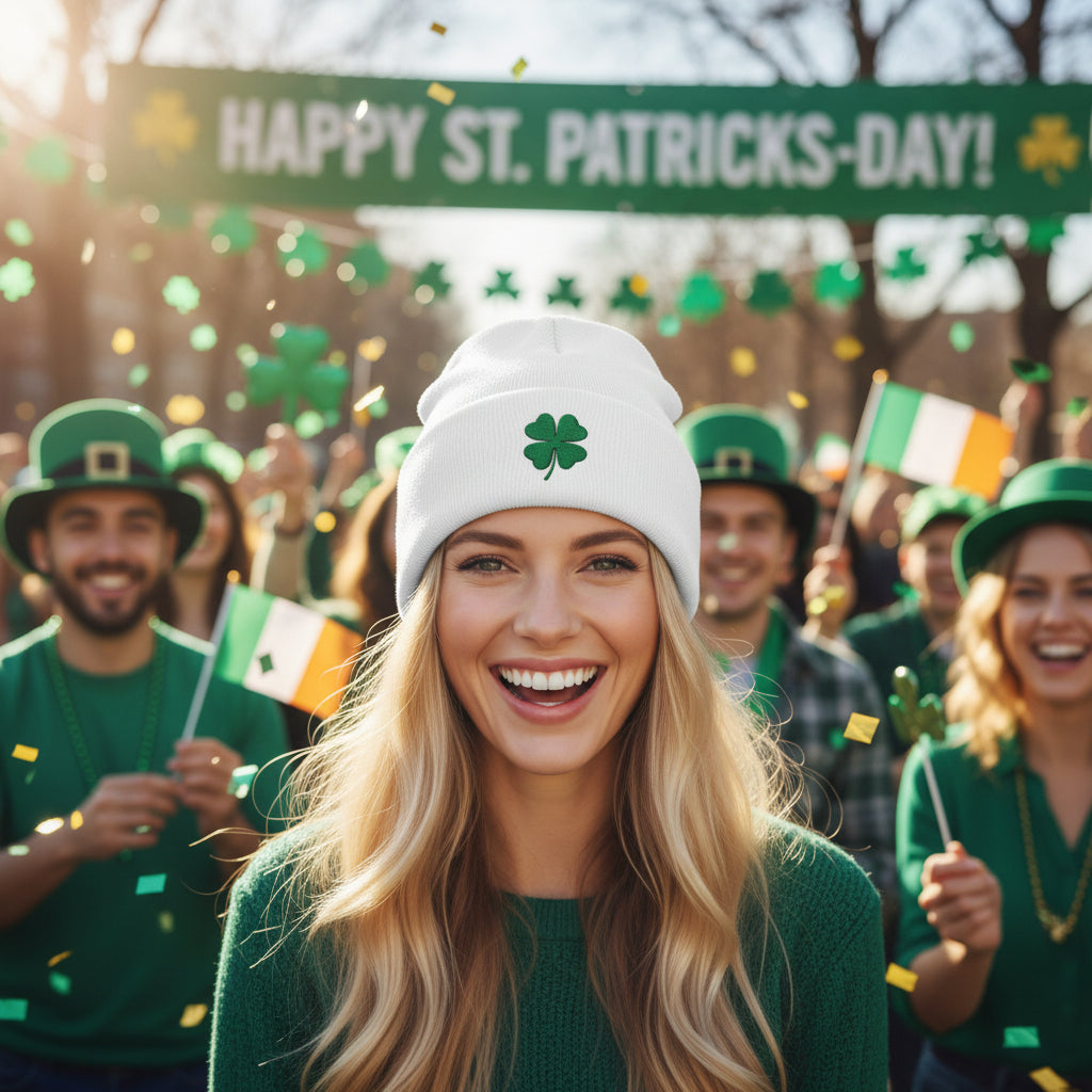 Embroidered Shamrock Cuffed Knit Hat