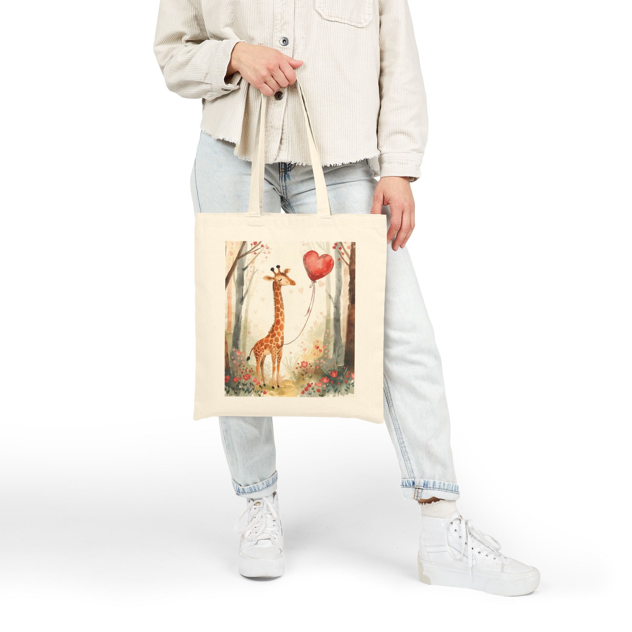 Giraffe with Heart Balloon Canvas Tote