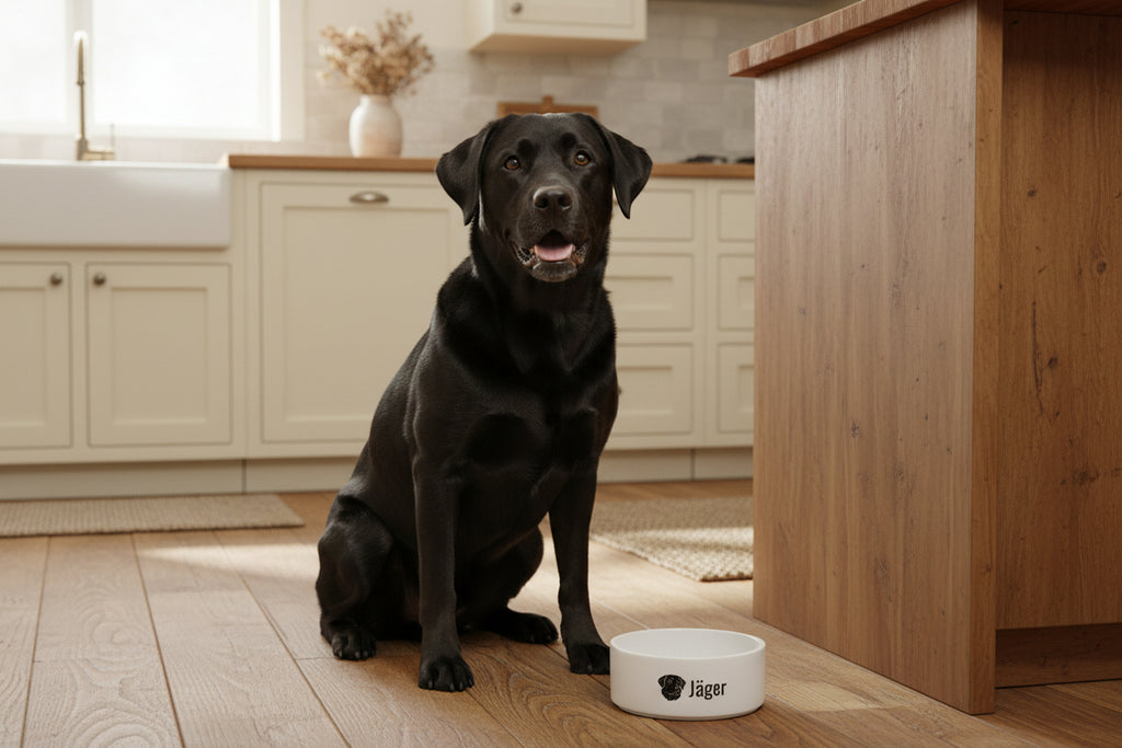 Personalized Dog Bowl — 'Jäger' with Black Lab Illustration