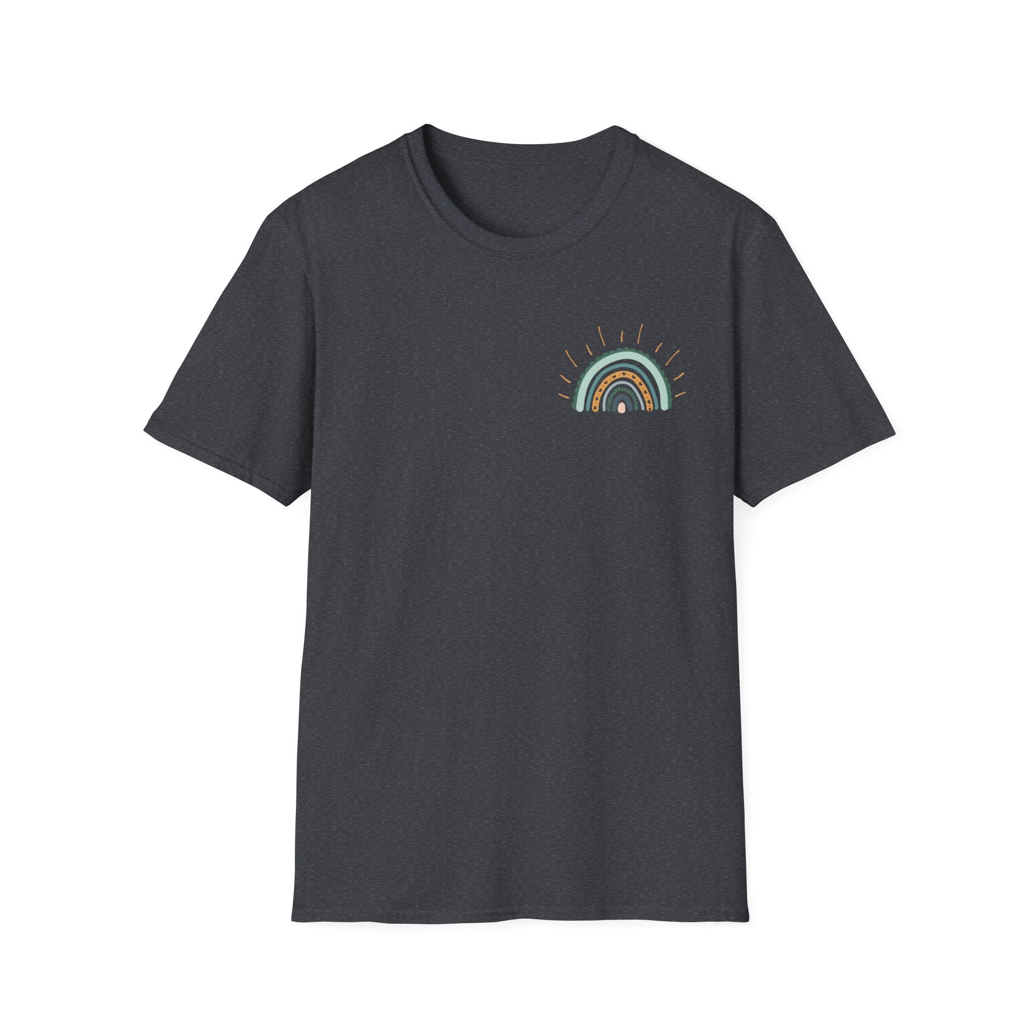 Sunshine On My Mind Rainbow T‑Shirt — Boho Pastel Pocket & Back Graphic