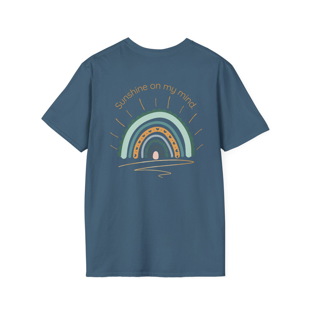 Sunshine On My Mind Rainbow T‑Shirt — Boho Pastel Pocket & Back Graphic