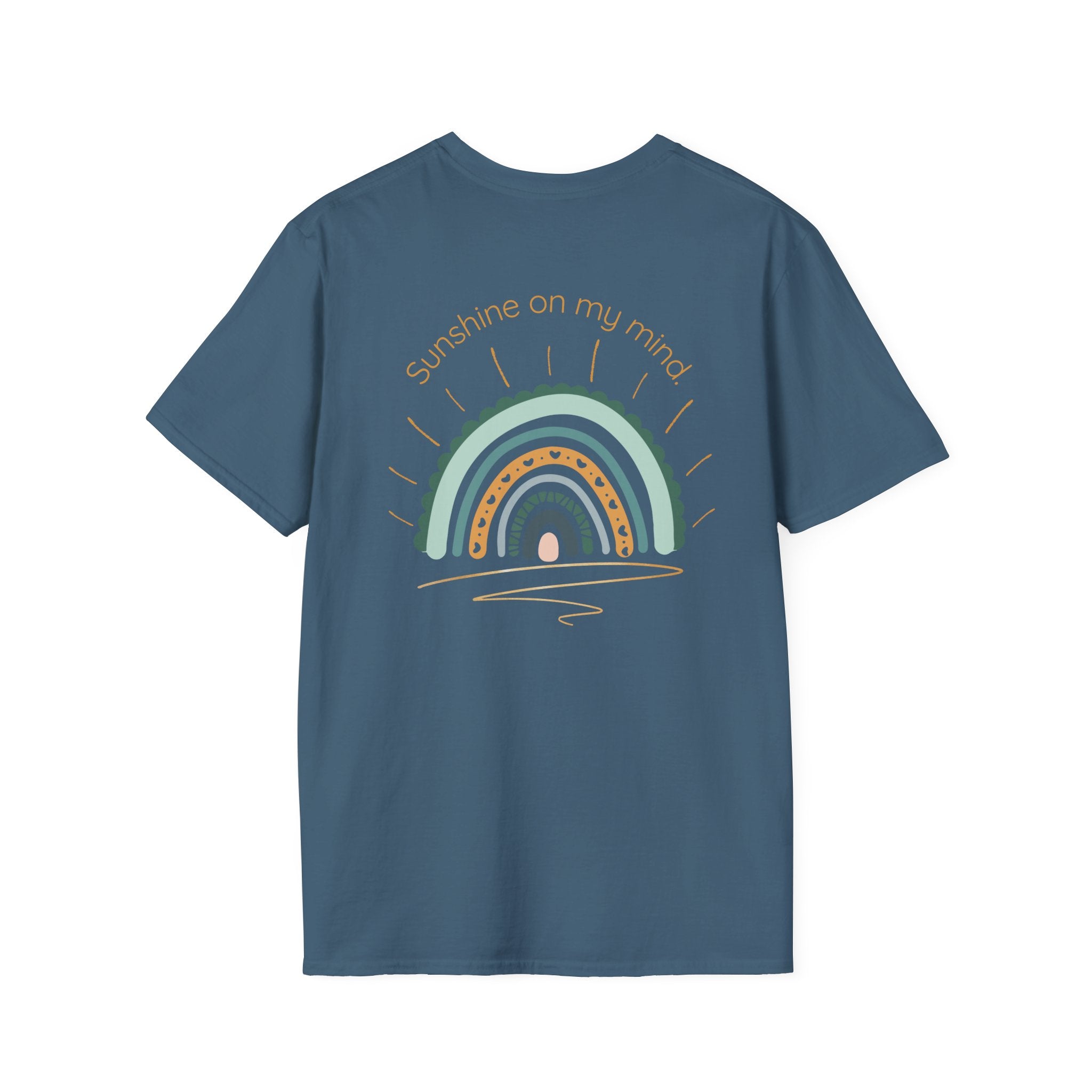 Sunshine On My Mind Rainbow T‑Shirt — Boho Pastel Pocket & Back Graphic