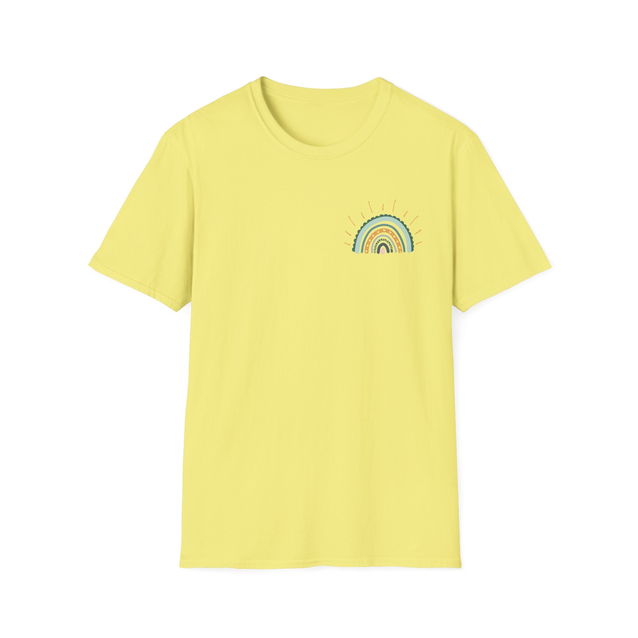 Sunshine On My Mind Rainbow T‑Shirt — Boho Pastel Pocket & Back Graphic