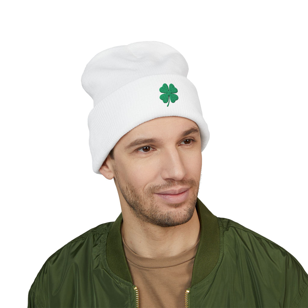 Embroidered Shamrock Cuffed Knit Hat