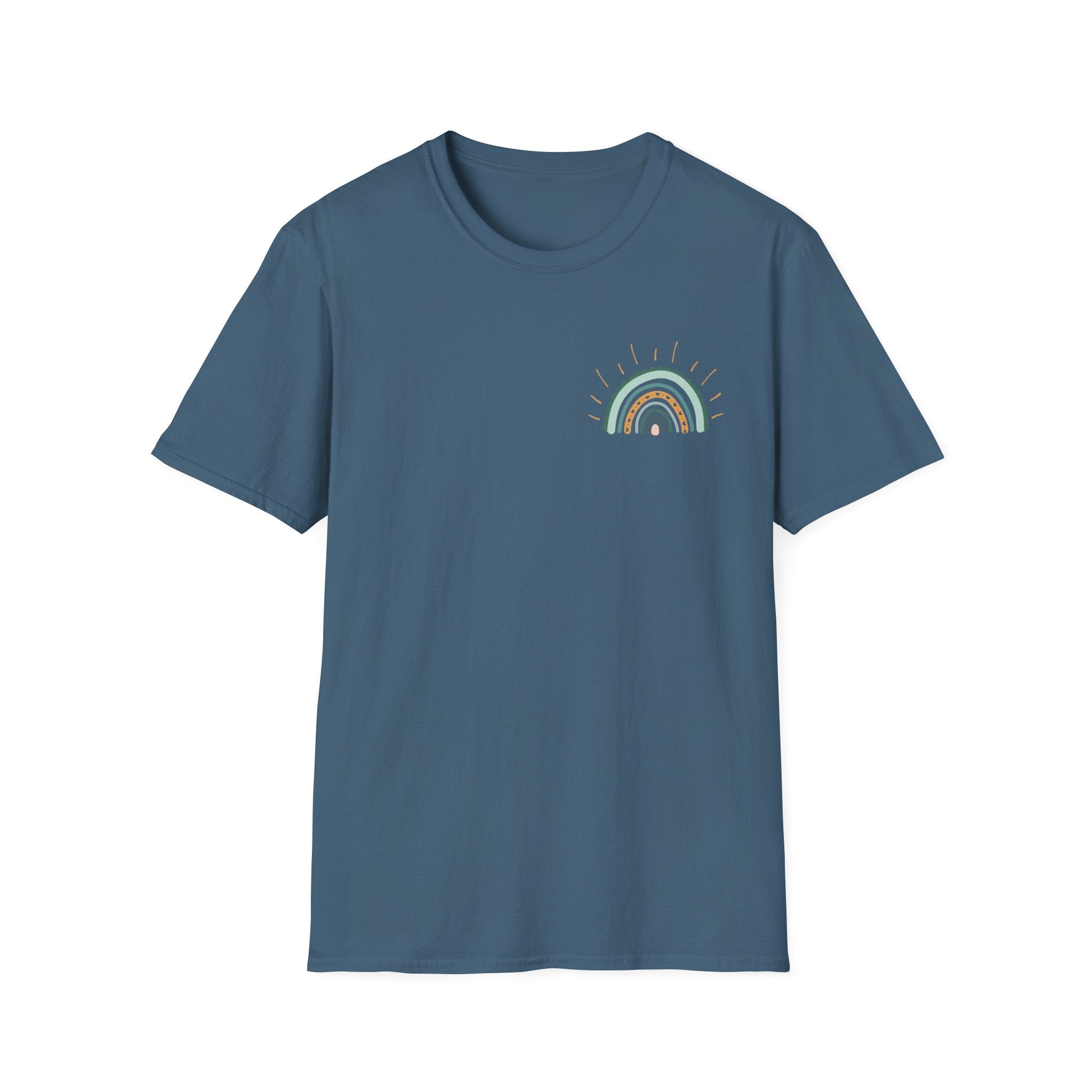 Sunshine On My Mind Rainbow T‑Shirt — Boho Pastel Pocket & Back Graphic