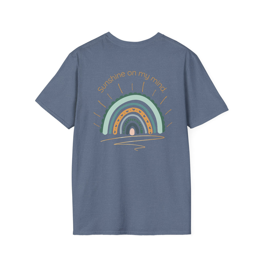 Sunshine On My Mind Rainbow T‑Shirt — Boho Pastel Pocket & Back Graphic