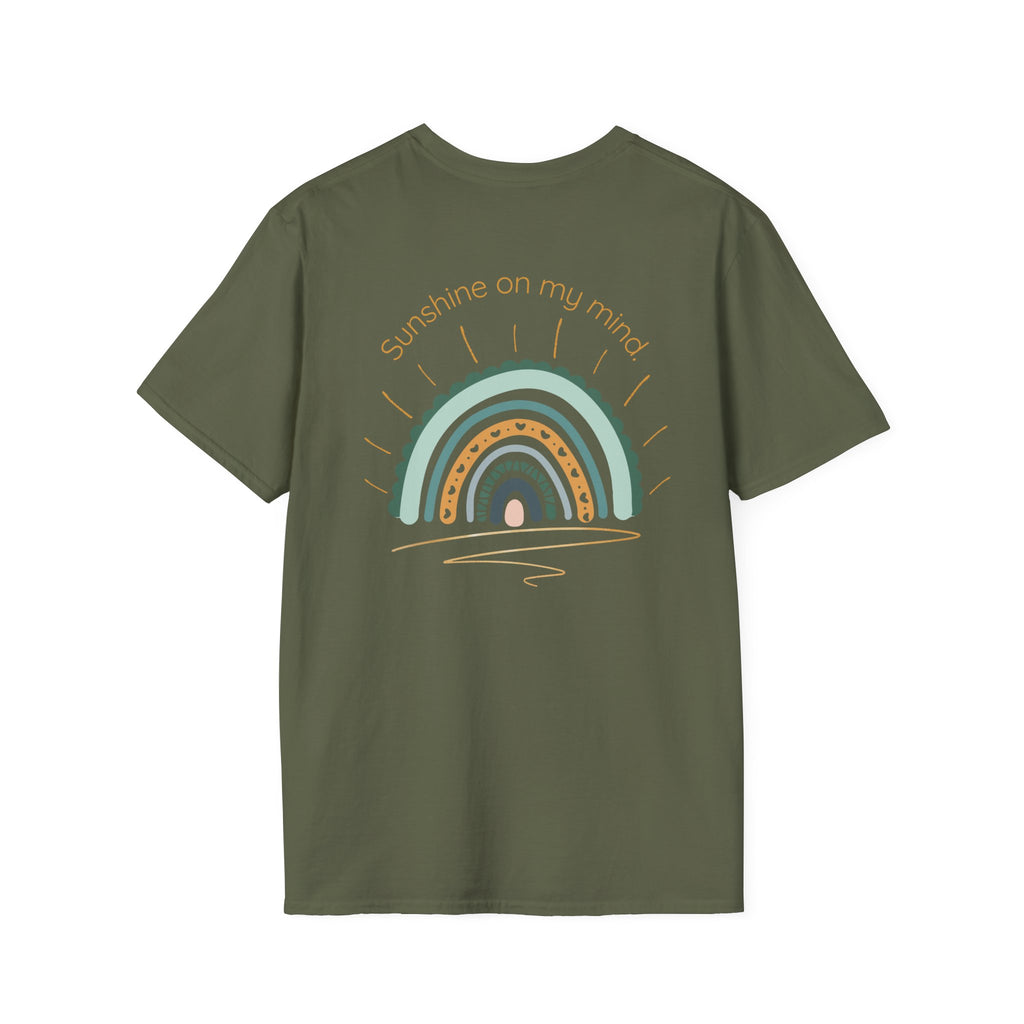 Sunshine On My Mind Rainbow T‑Shirt — Boho Pastel Pocket & Back Graphic