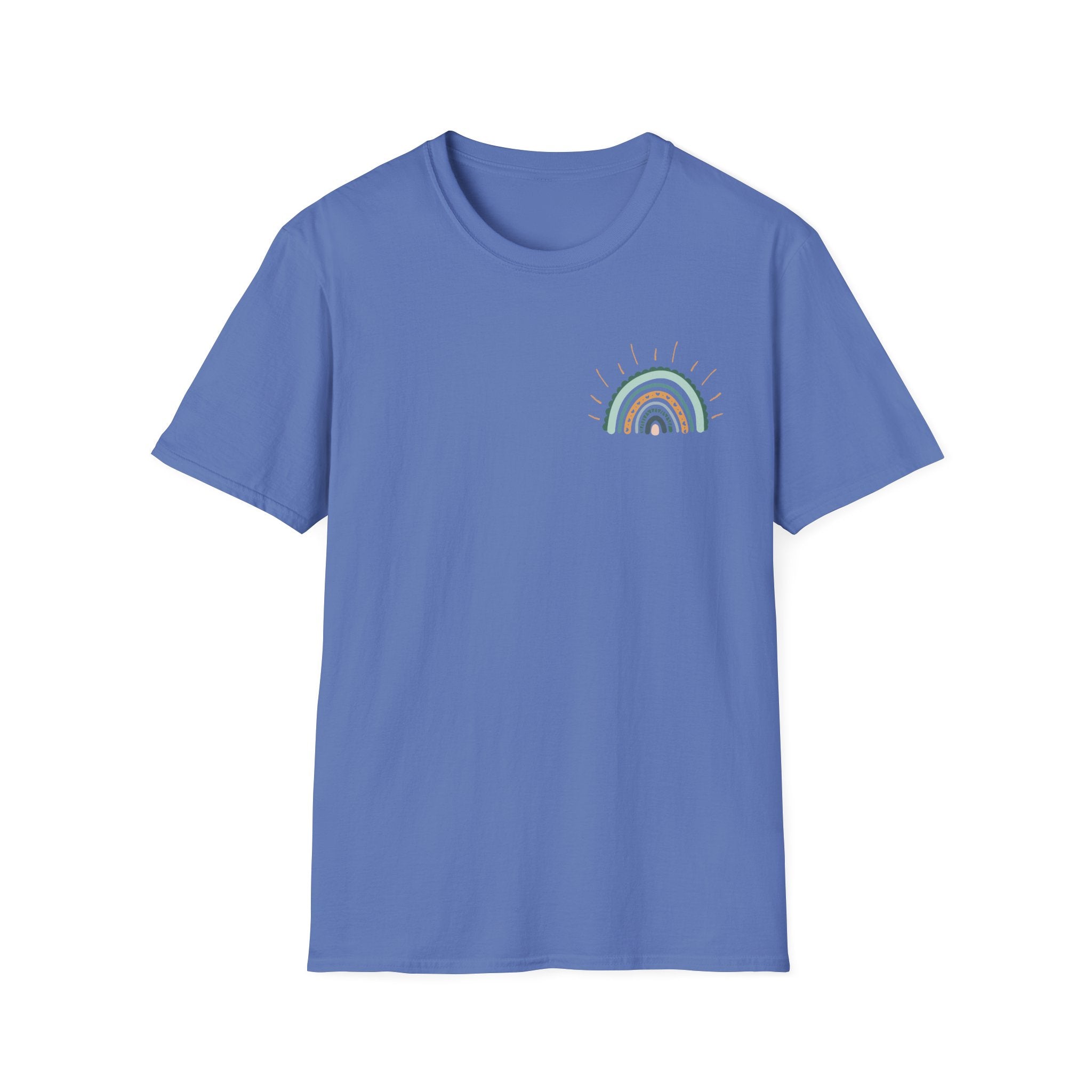 Sunshine On My Mind Rainbow T‑Shirt — Boho Pastel Pocket & Back Graphic