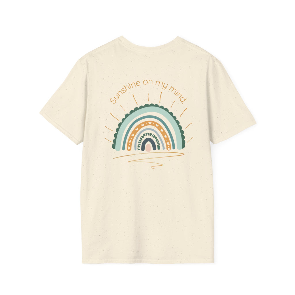 Sunshine On My Mind Rainbow T‑Shirt — Boho Pastel Pocket & Back Graphic