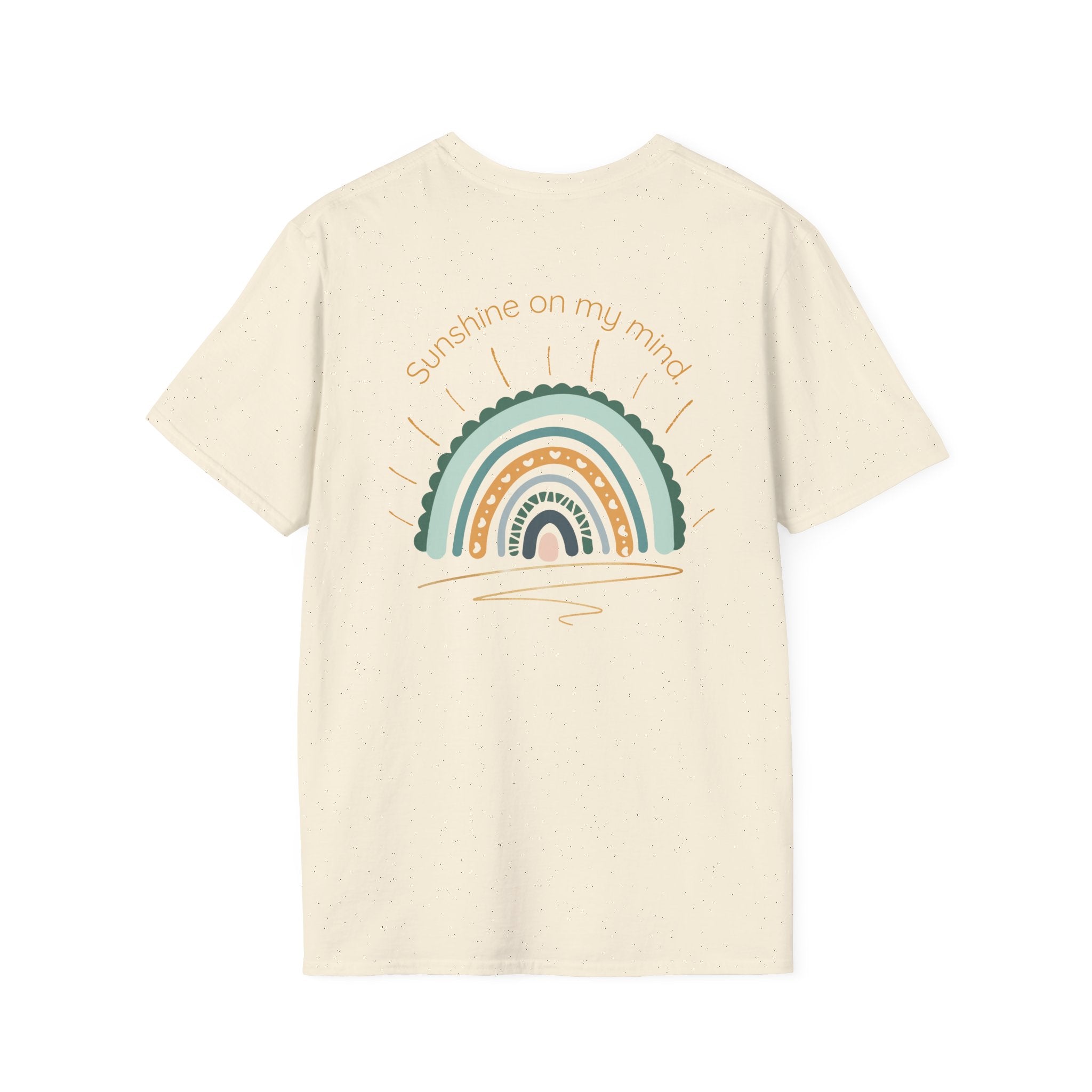 Sunshine On My Mind Rainbow T‑Shirt — Boho Pastel Pocket & Back Graphic