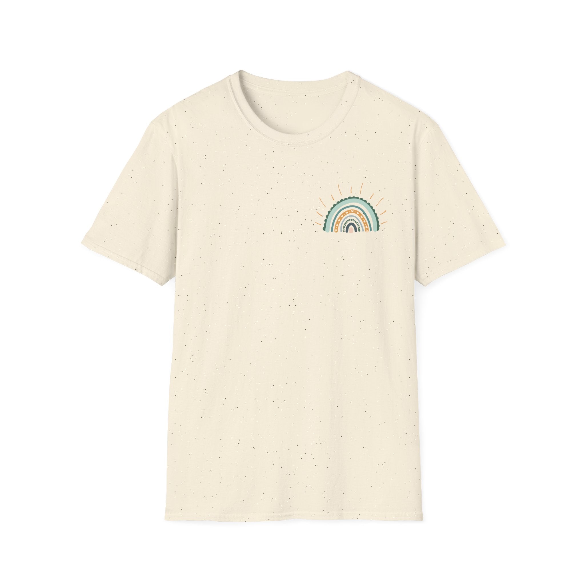 Sunshine On My Mind Rainbow T‑Shirt — Boho Pastel Pocket & Back Graphic