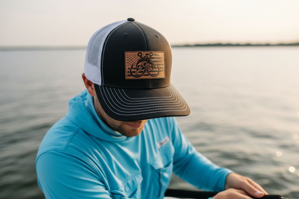 Hooked on Freedom Fishing Leather Patch Trucker Hat