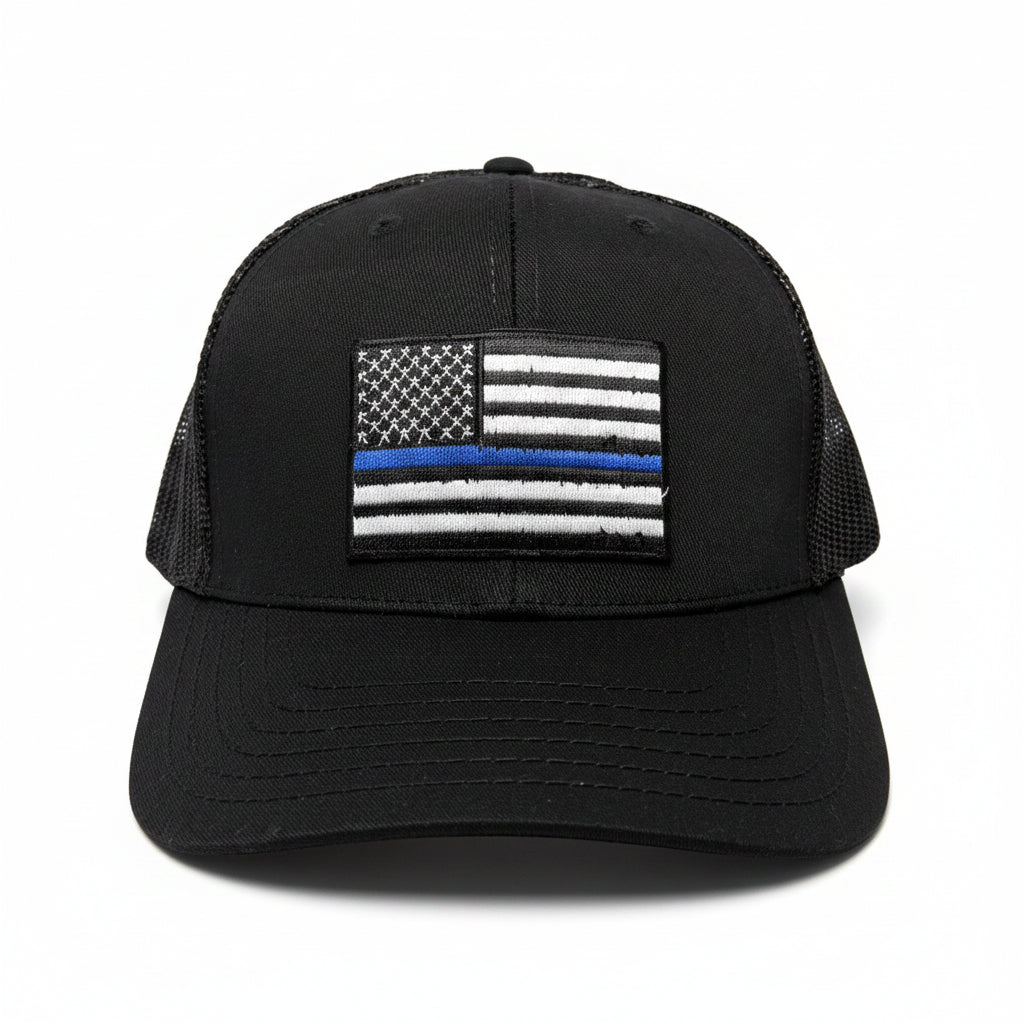 Thin Blue Line Flag Hat | Black Mid Profile Mesh Back Snapback Hat