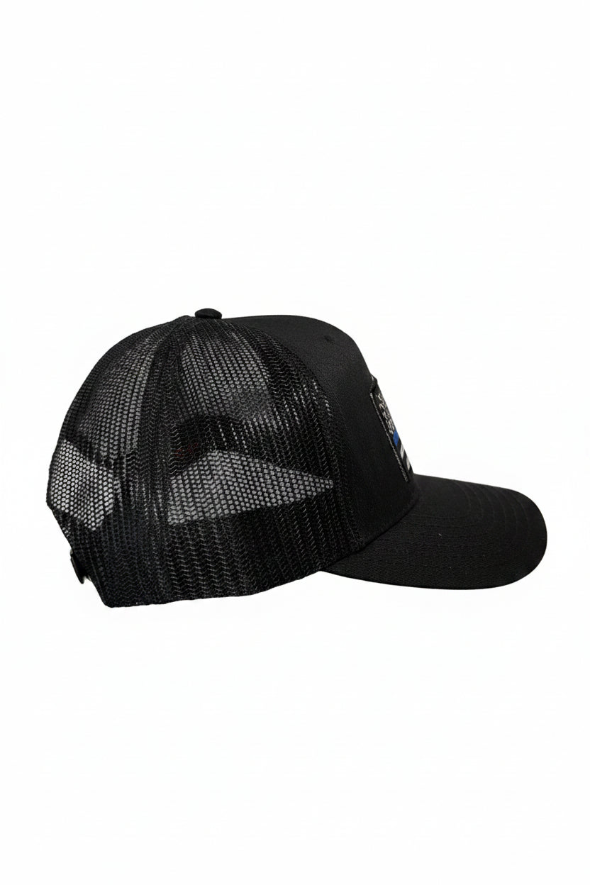 Thin Blue Line Flag Hat | Black Mid Profile Mesh Back Snapback Hat